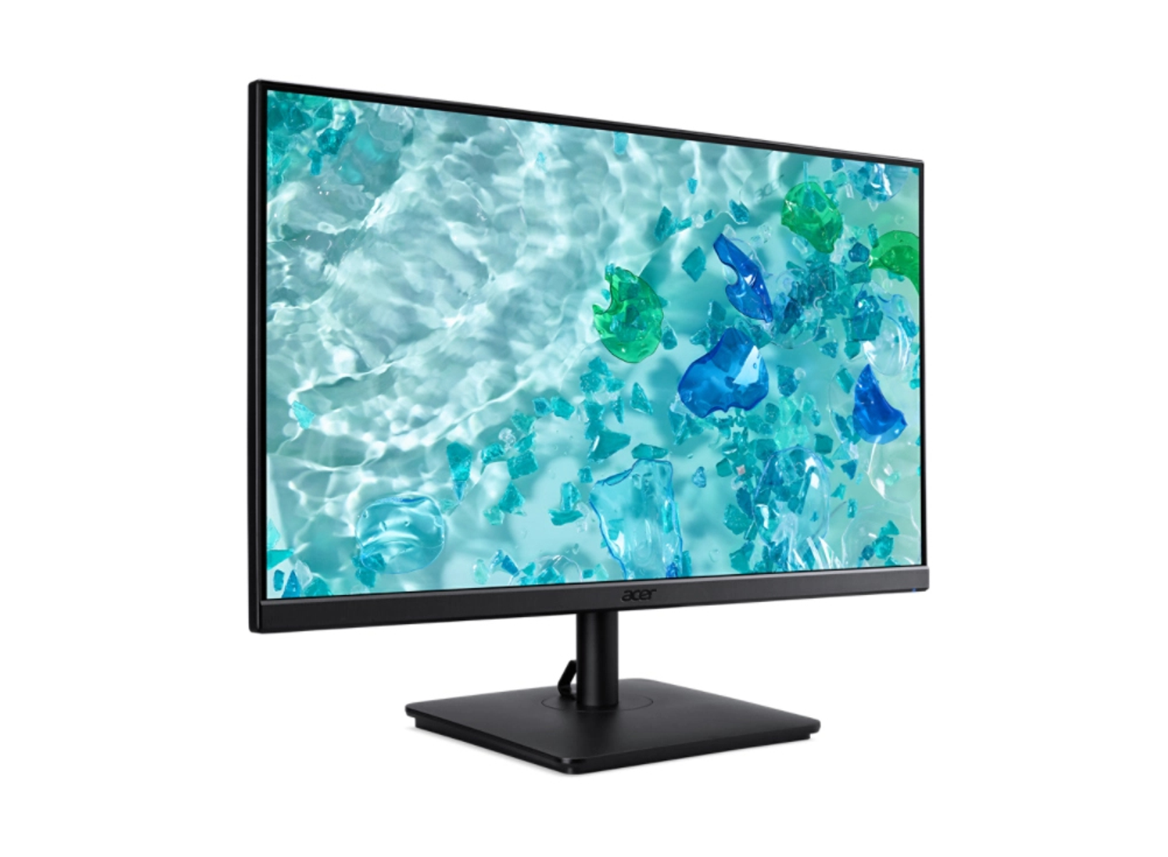 Monitor de computadora que muestra formas abstractas de agua y hielo. Marco y soporte negros.