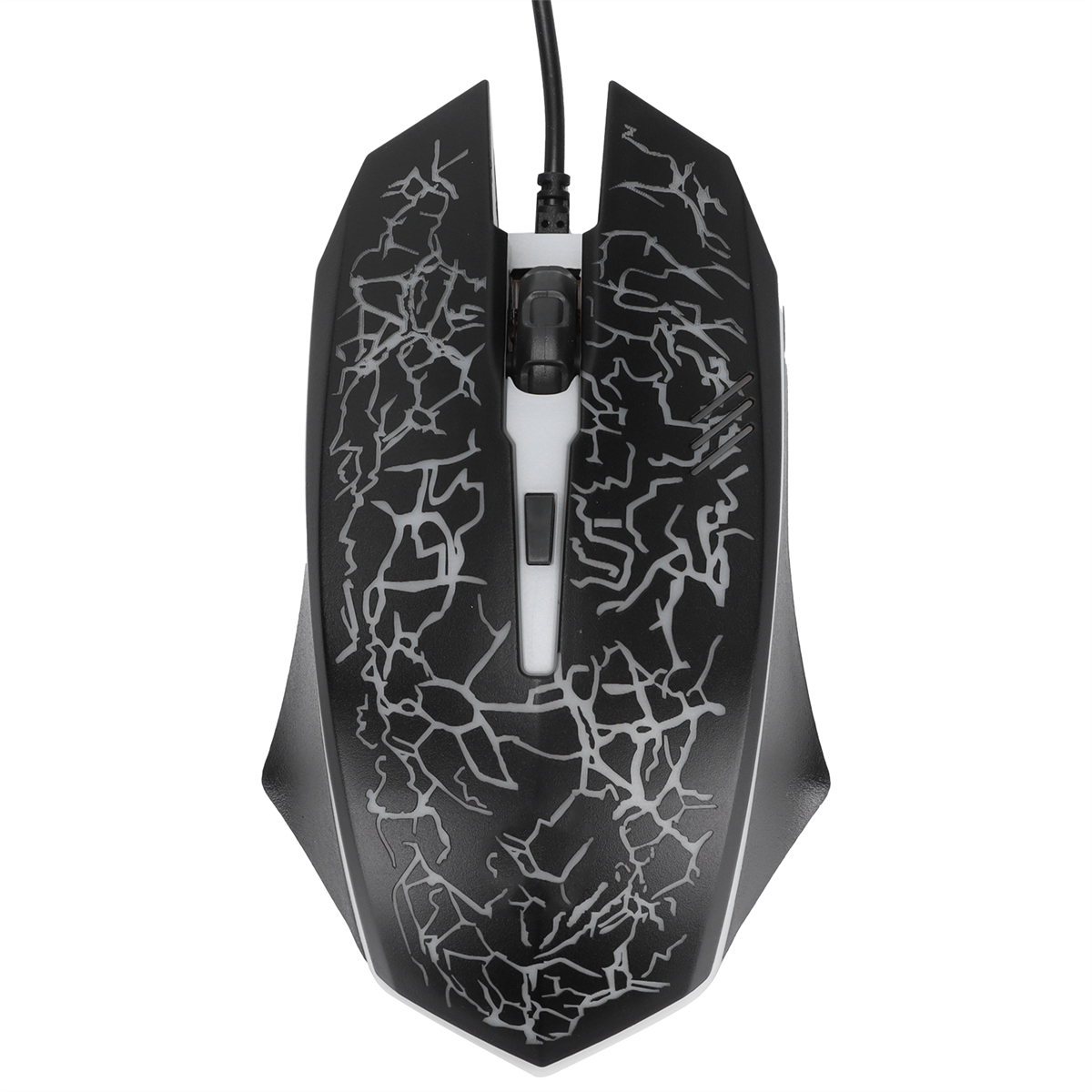 Schwarze Gaming-Maus mit Rissmuster und weißen Akzenten. Die Maus hat ein Kabel.