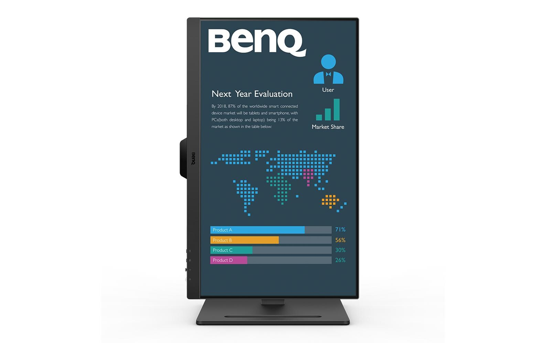 BenQ monitor showing a data chart. It's in portrait mode and placed on a white surface.