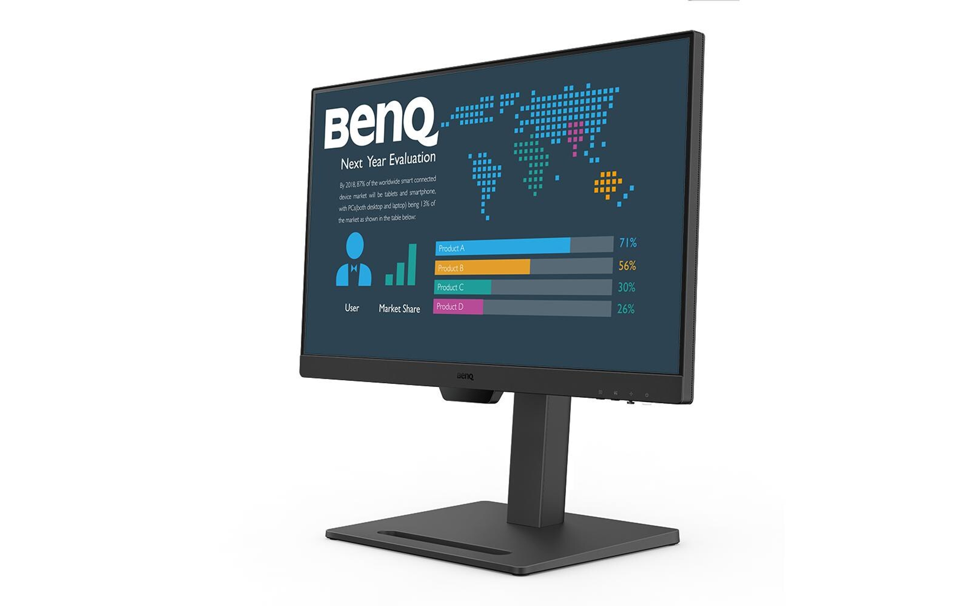 Monitor displaying graphics, black stand, white background, marketing information.