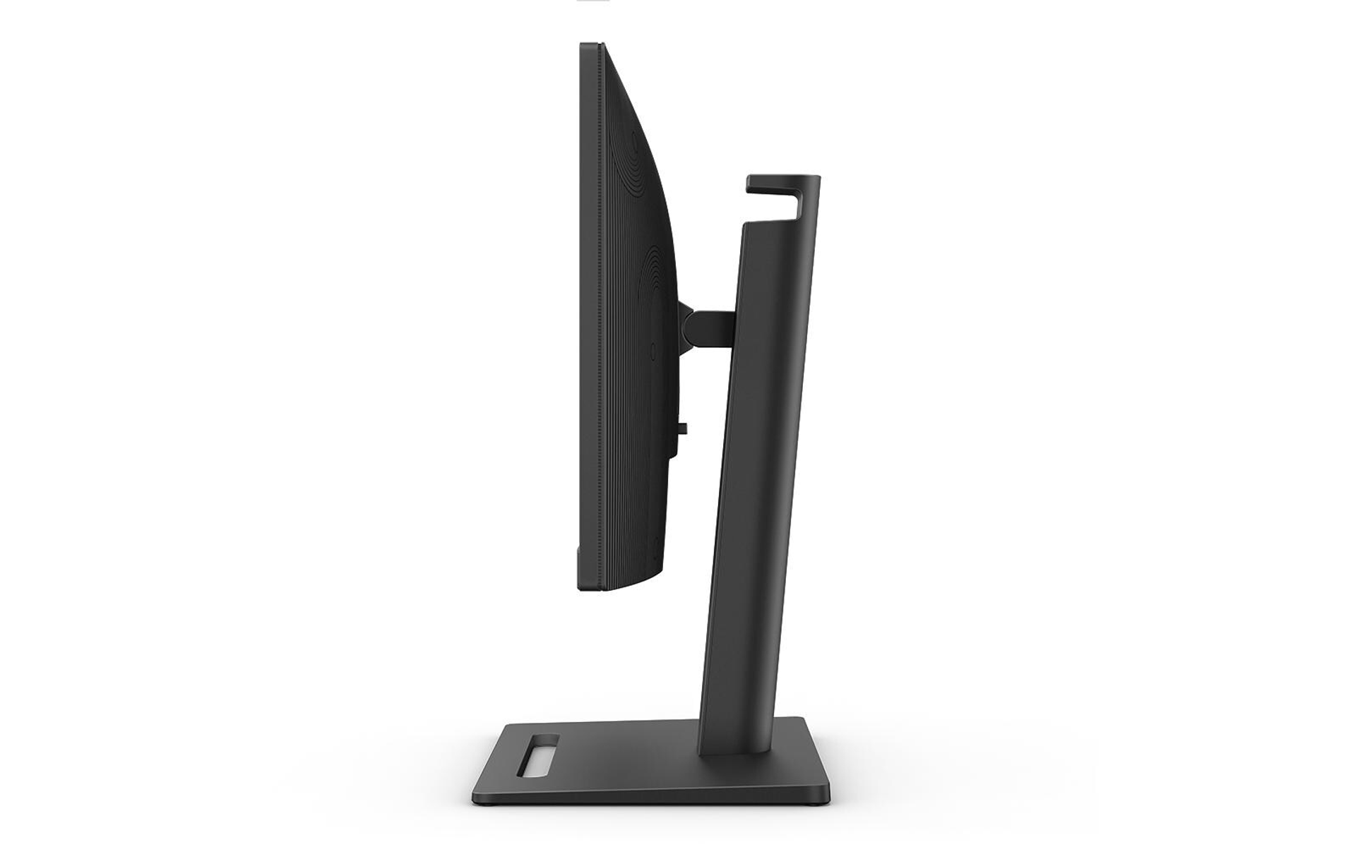Monitor in profile, black, on a white background. The stand supports the screen.