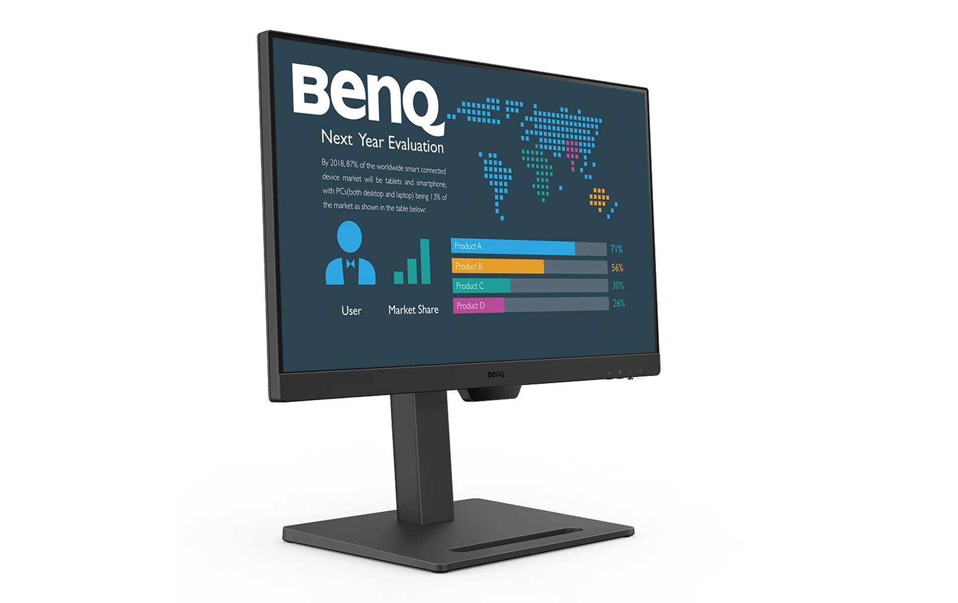 BenQ monitor displaying data, with a black stand and base.