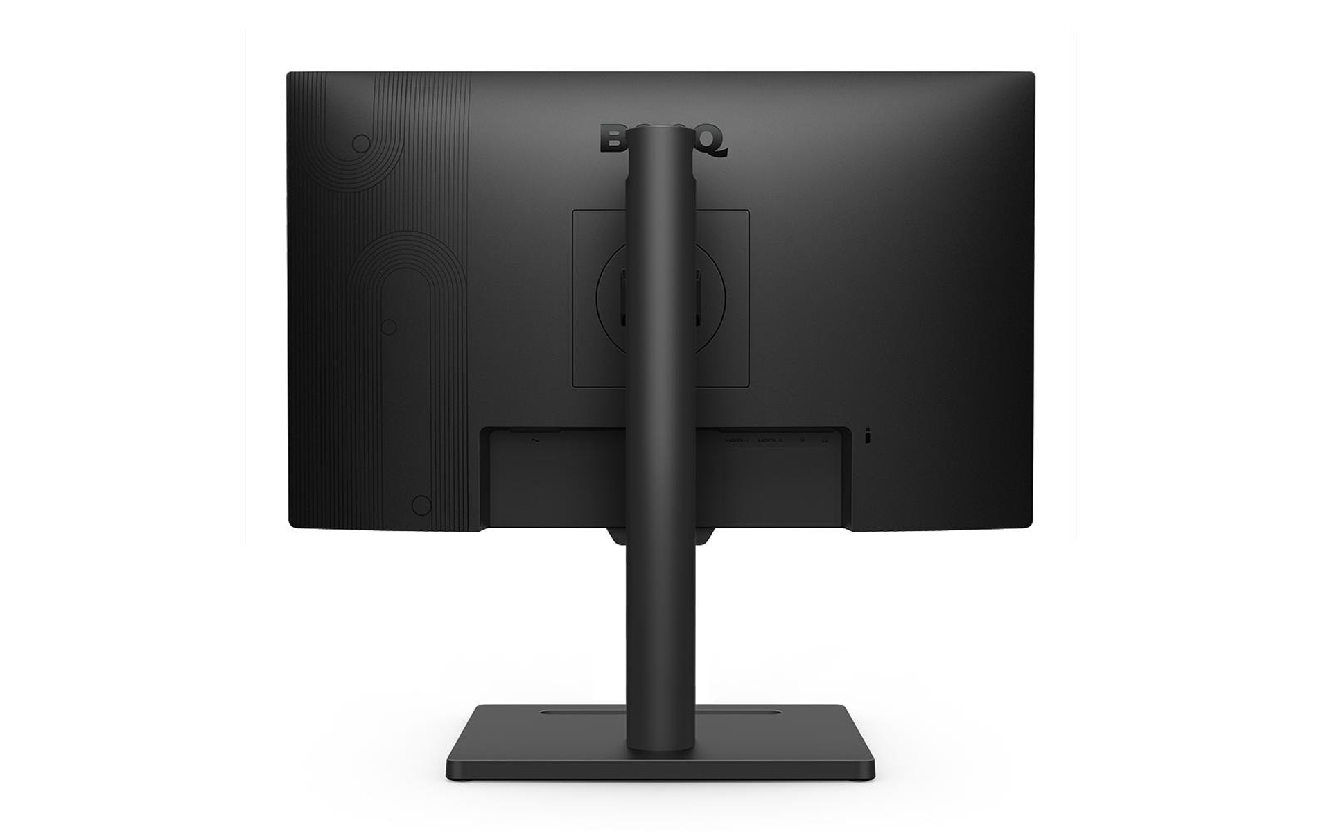 Black BenQ monitor, back view. It has a stand and port connections.