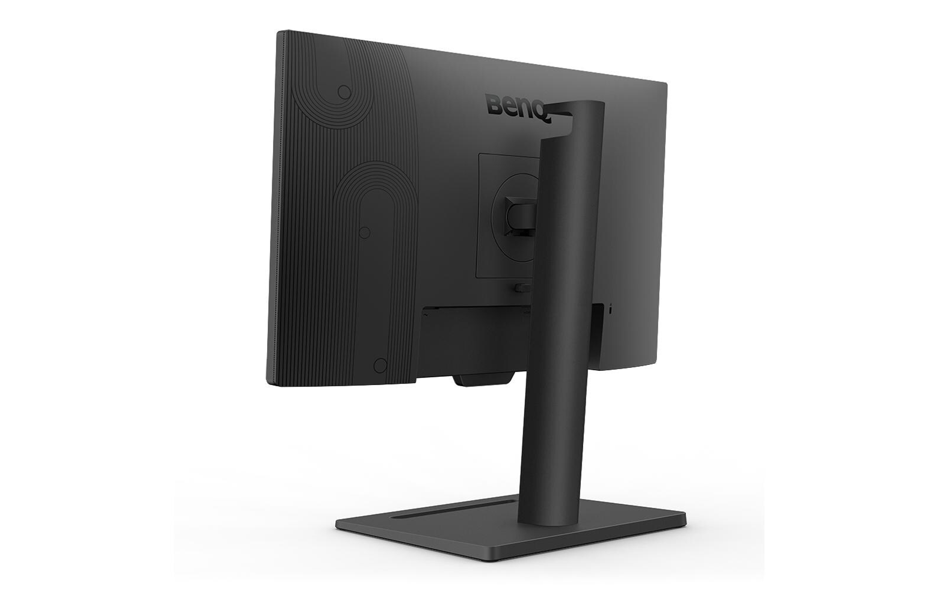 A black BenQ monitor from the back. Shows the BenQ logo and stand. Vents are visible.