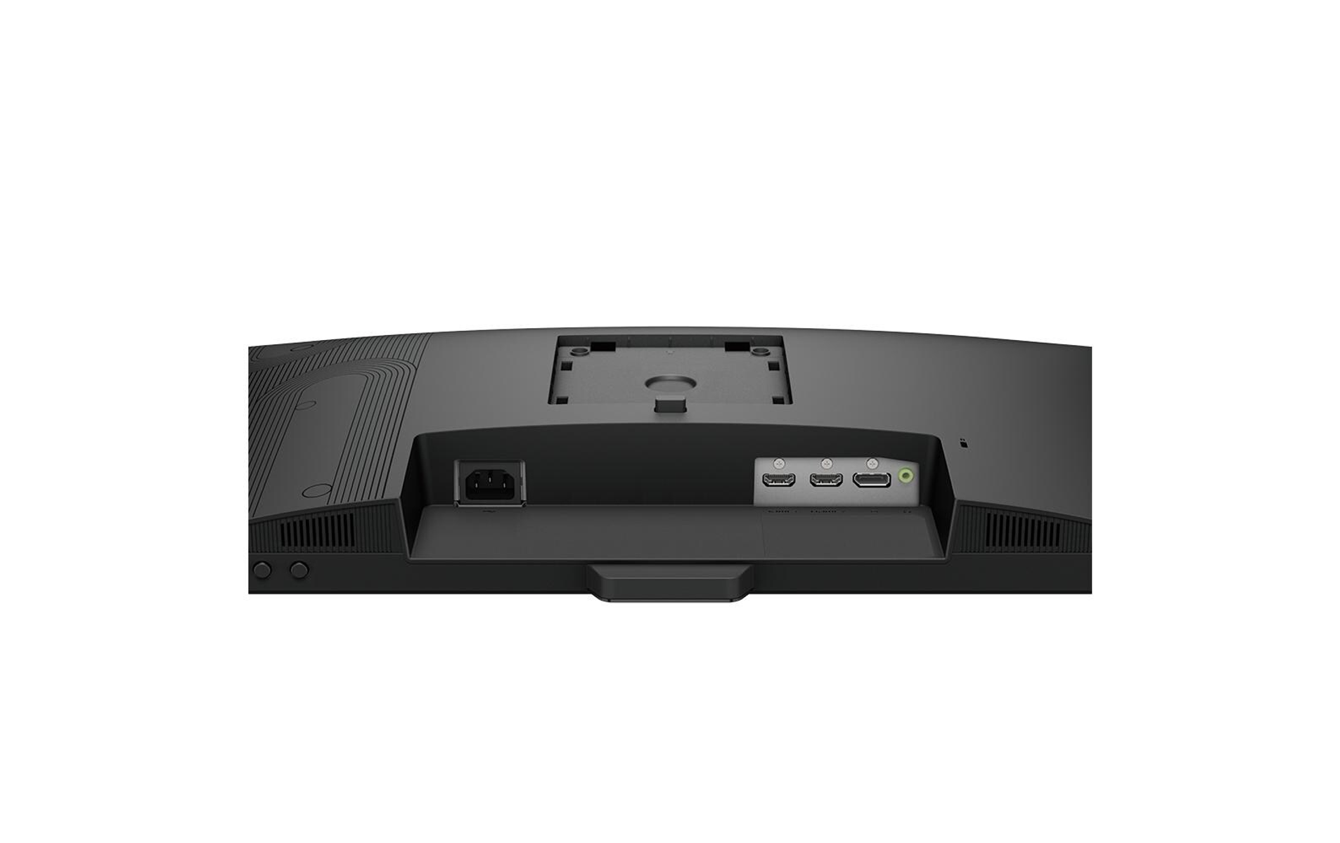Back of a black computer monitor. Includes power, HDMI, and audio ports. Minimalist design.