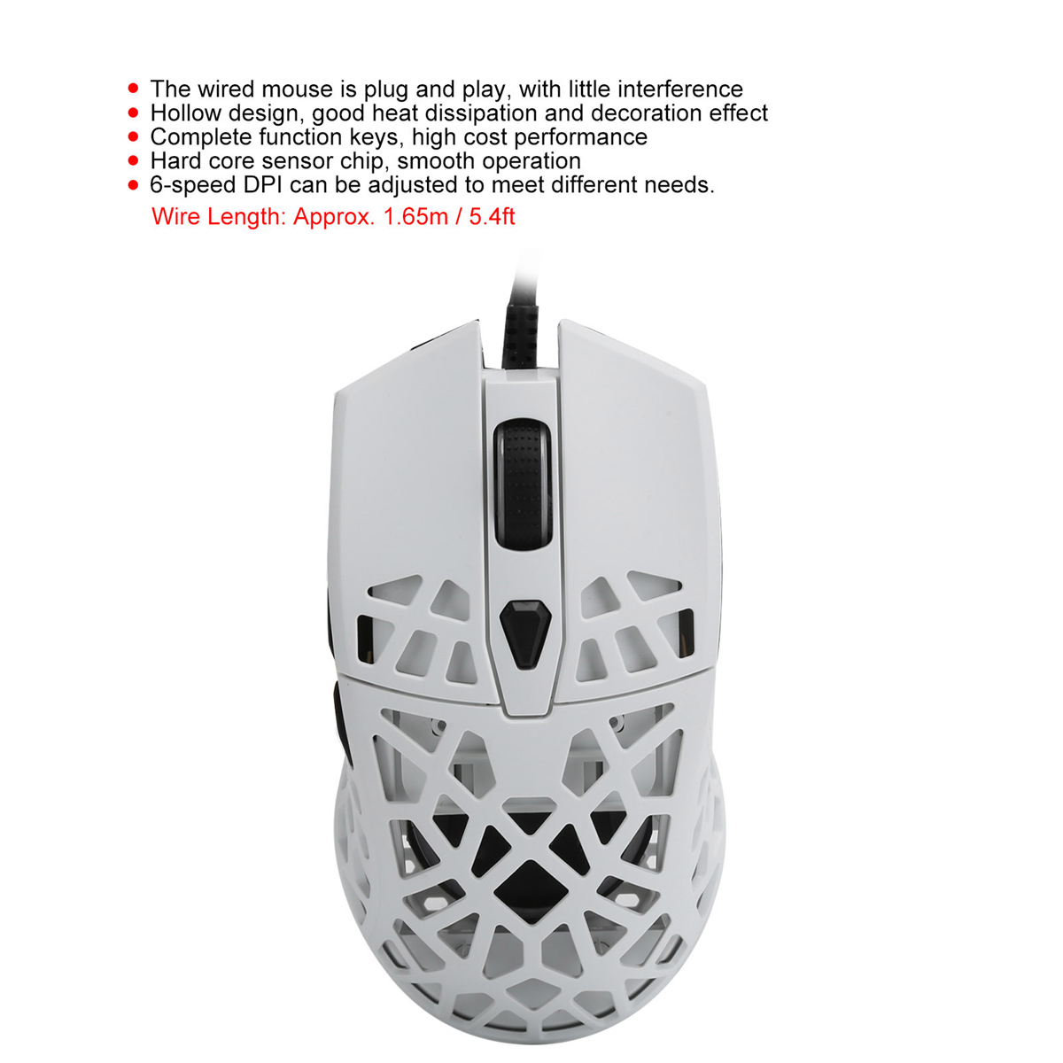 Weiße Gaming-Maus, offenes Design, schräge Ansicht, mit Text, der die Funktionen beschreibt. Schwarz-Weiß-Akzente.