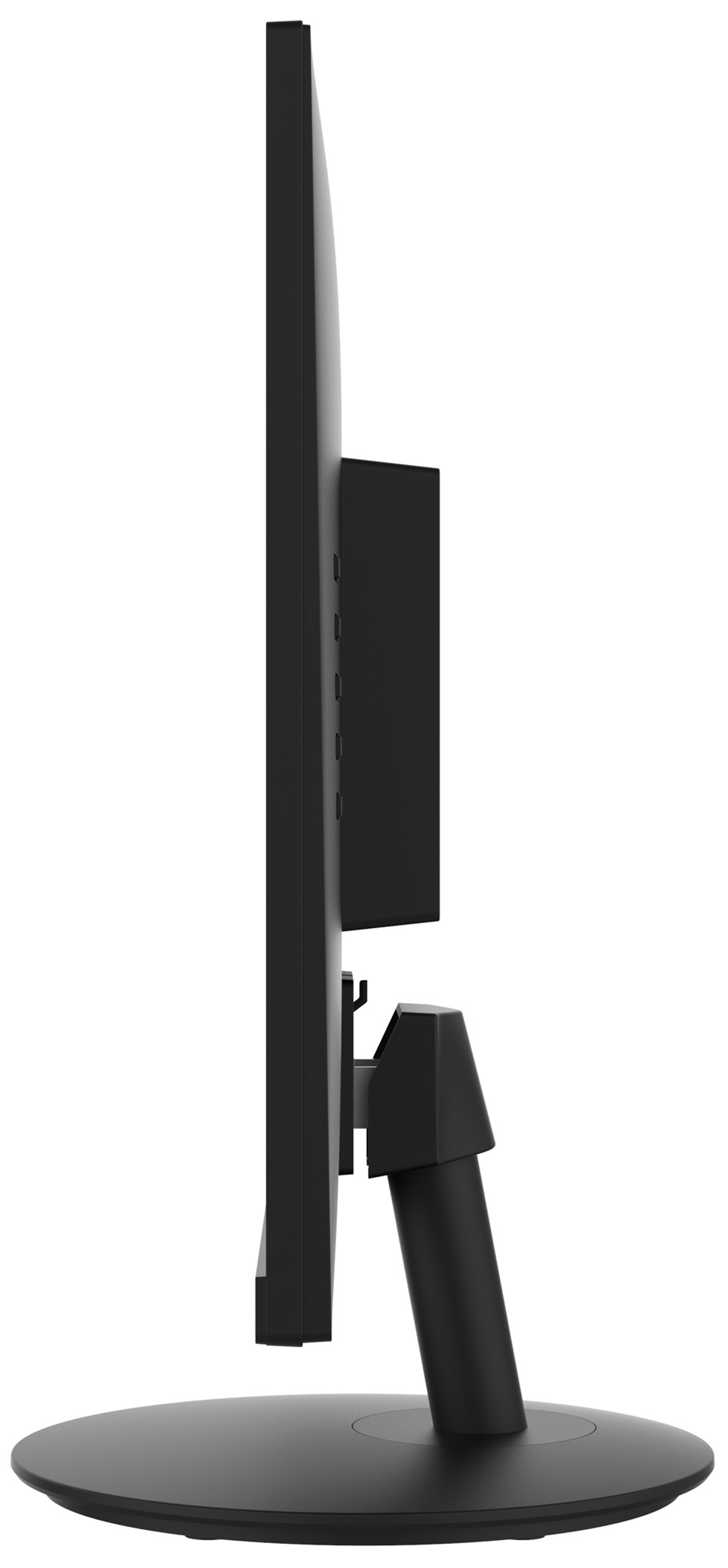 Schwarzer Computermonitor von der Seite. Der Ständer ist auch schwarz. Weißer Hintergrund.
