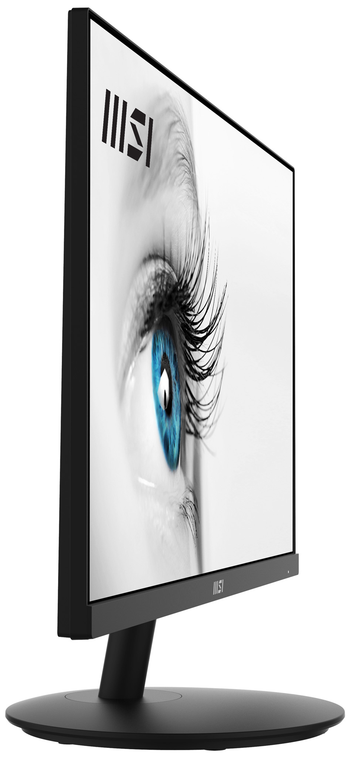 MSI Monitor, schwarzer Rahmen, Profilansicht, zeigt ein Auge mit blauer Iris.