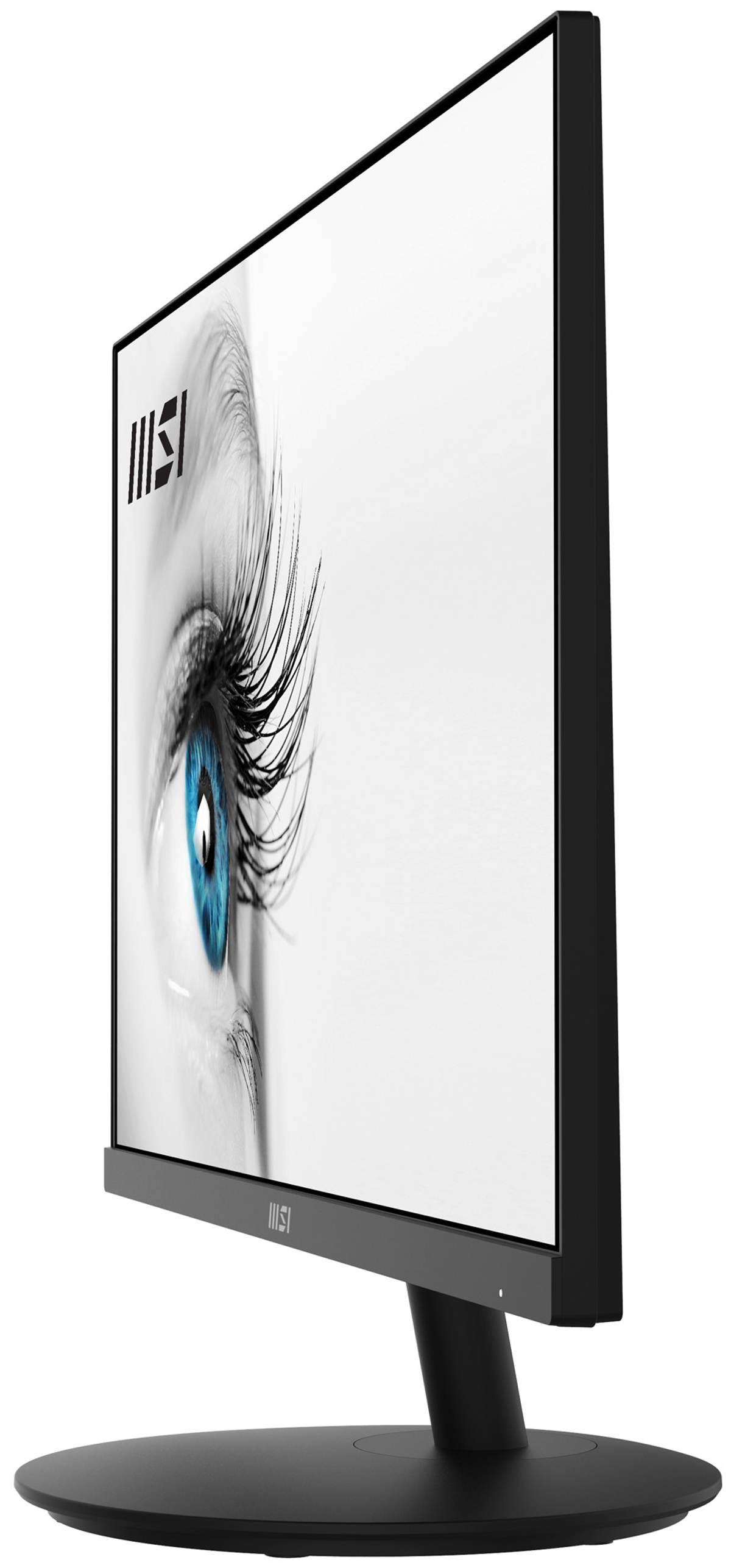 MSI-Monitor, der eine Nahaufnahme eines menschlichen Auges mit blauer Iris zeigt.
