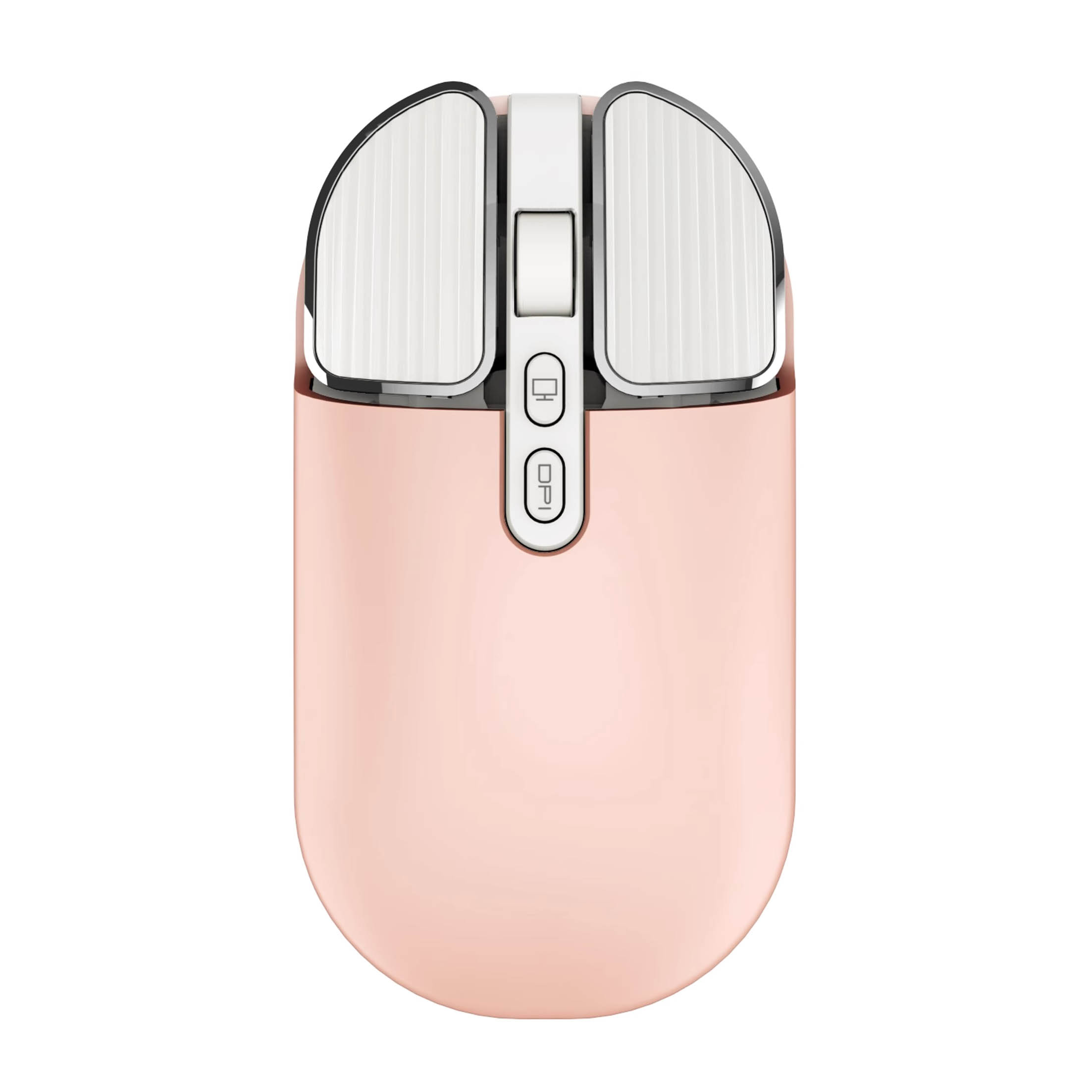 Drahtlose Maus in Pink und Weiß. Hat zwei Tasten und ein Scrollrad.