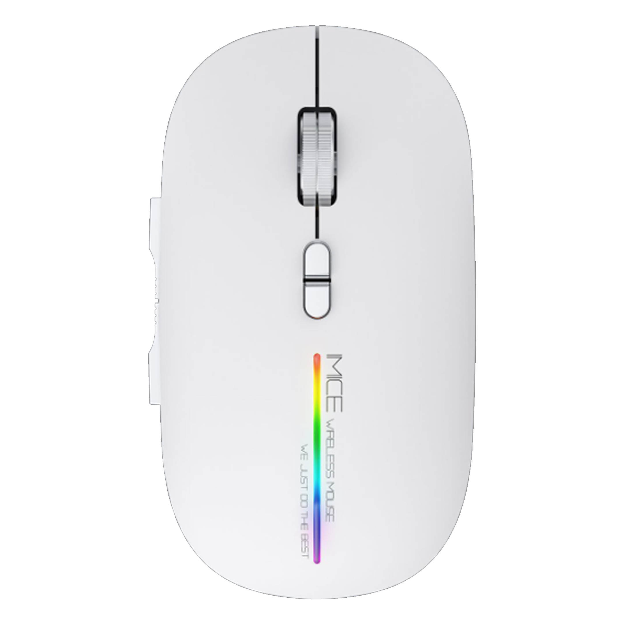 Weiße Maus mit einem regenbogenfarbenen LED-Streifen. Weißer Hintergrund.