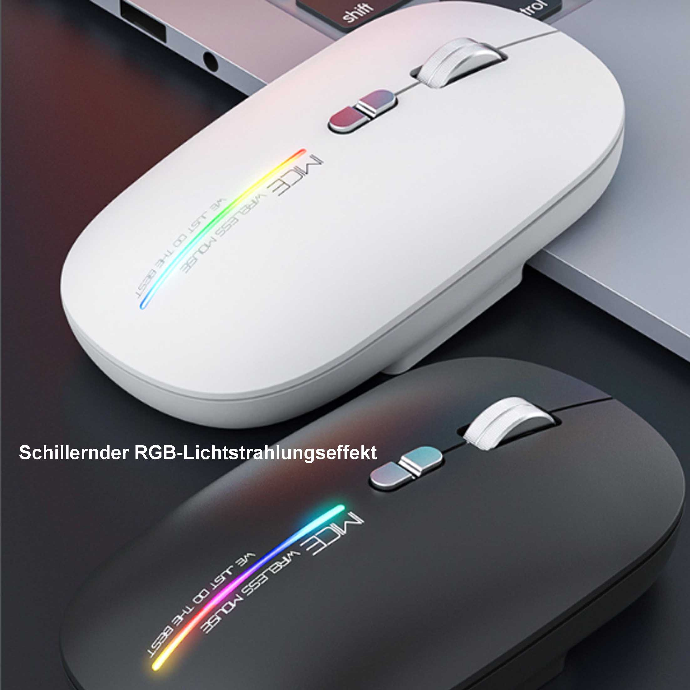 Weiße und schwarze kabellose Maus. Sie hat einen RGB-Lichteffekt. Die Maus liegt auf einem Laptop.