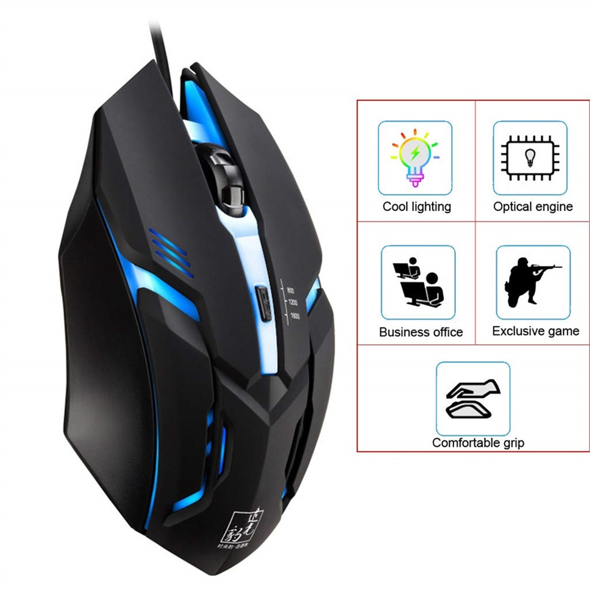 Schwarze Gaming-Maus mit blauer Beleuchtung, optischer Engine und komfortablem Griff.