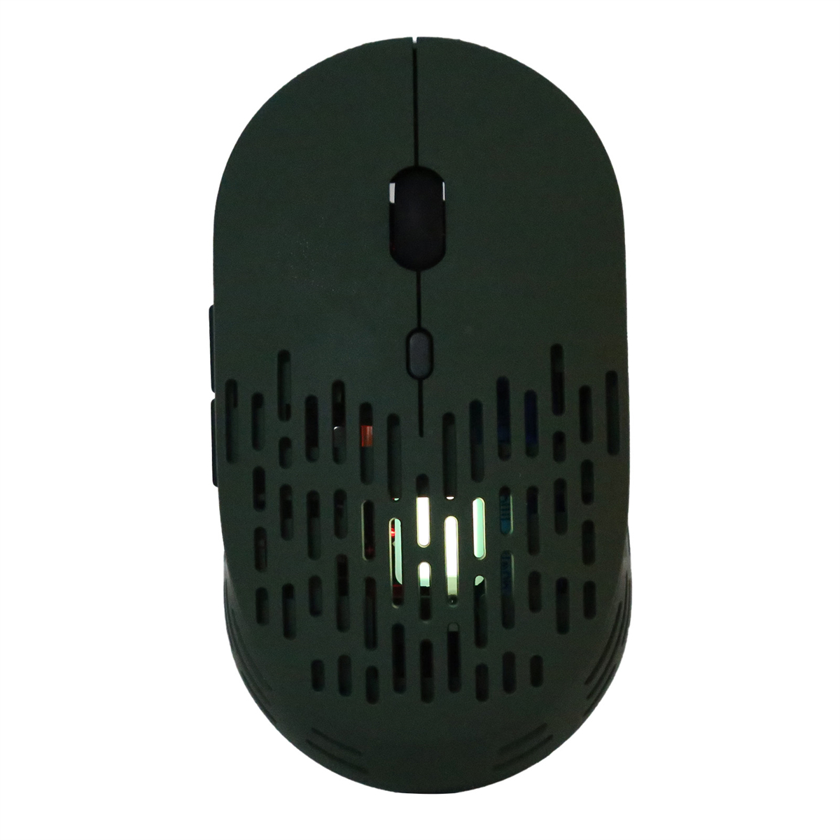 Dunkelgrüne ergonomische Maus mit Scrollrad und Knöpfen, weißer Hintergrund.