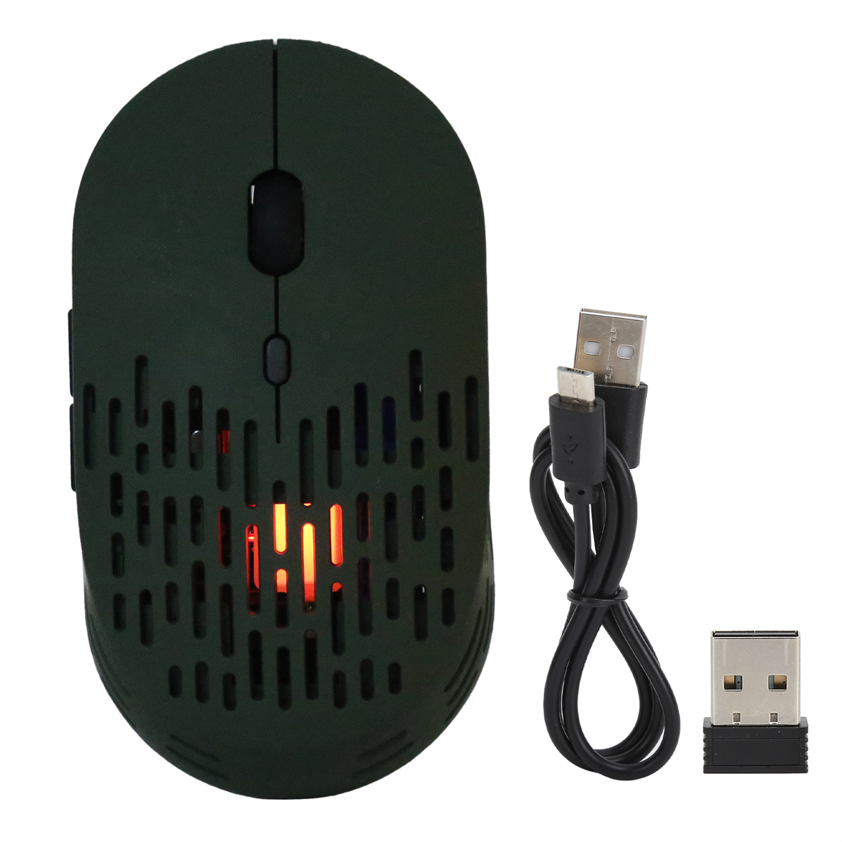 Dunkelgrüne Maus mit USB-, Typ-C-Kabel und USB-Empfänger.