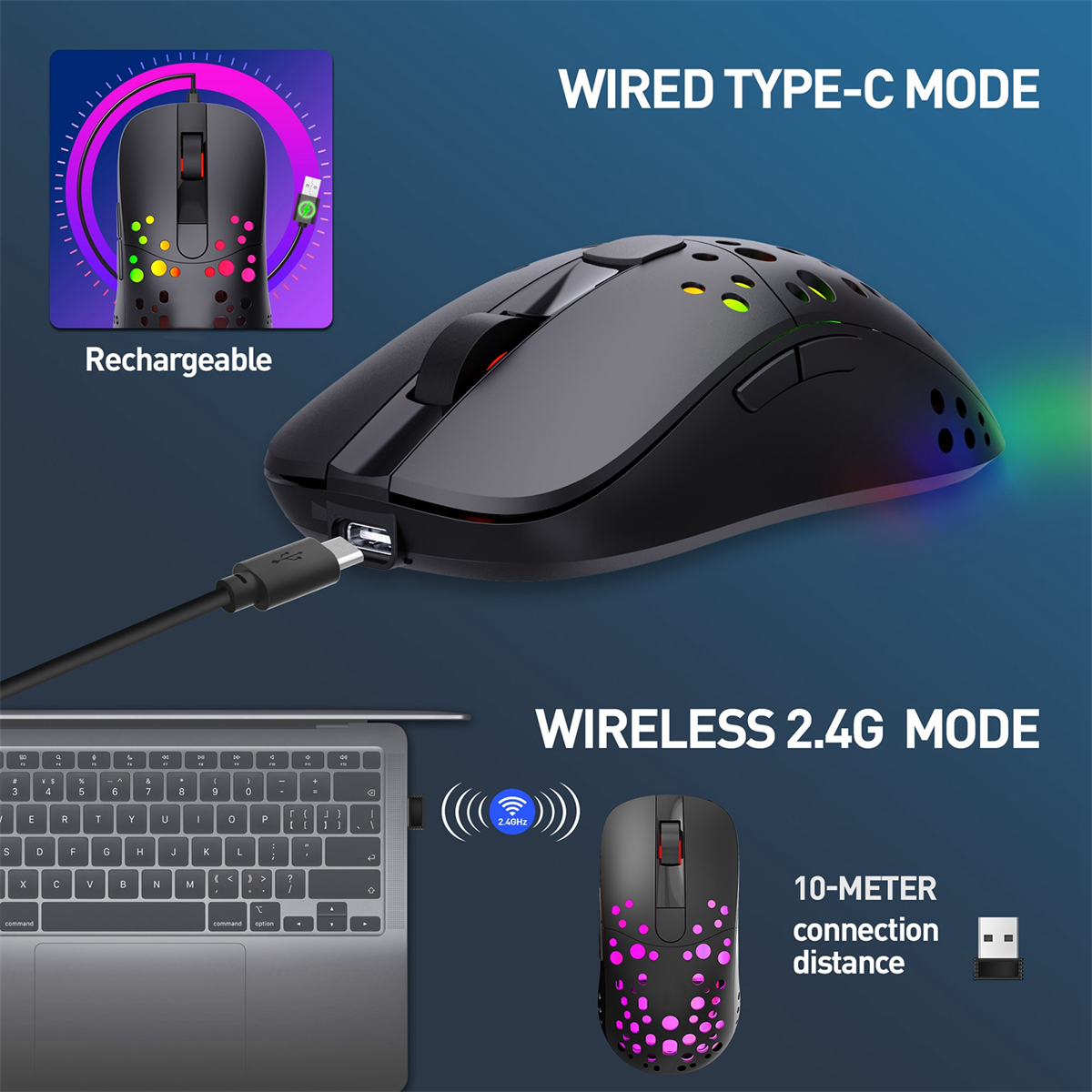 Gaming-Maus mit kabellosen und kabelgebundenen Optionen. Ein Laptop und ein Wireless-Symbol werden ebenfalls angezeigt. Maus leuchtet.