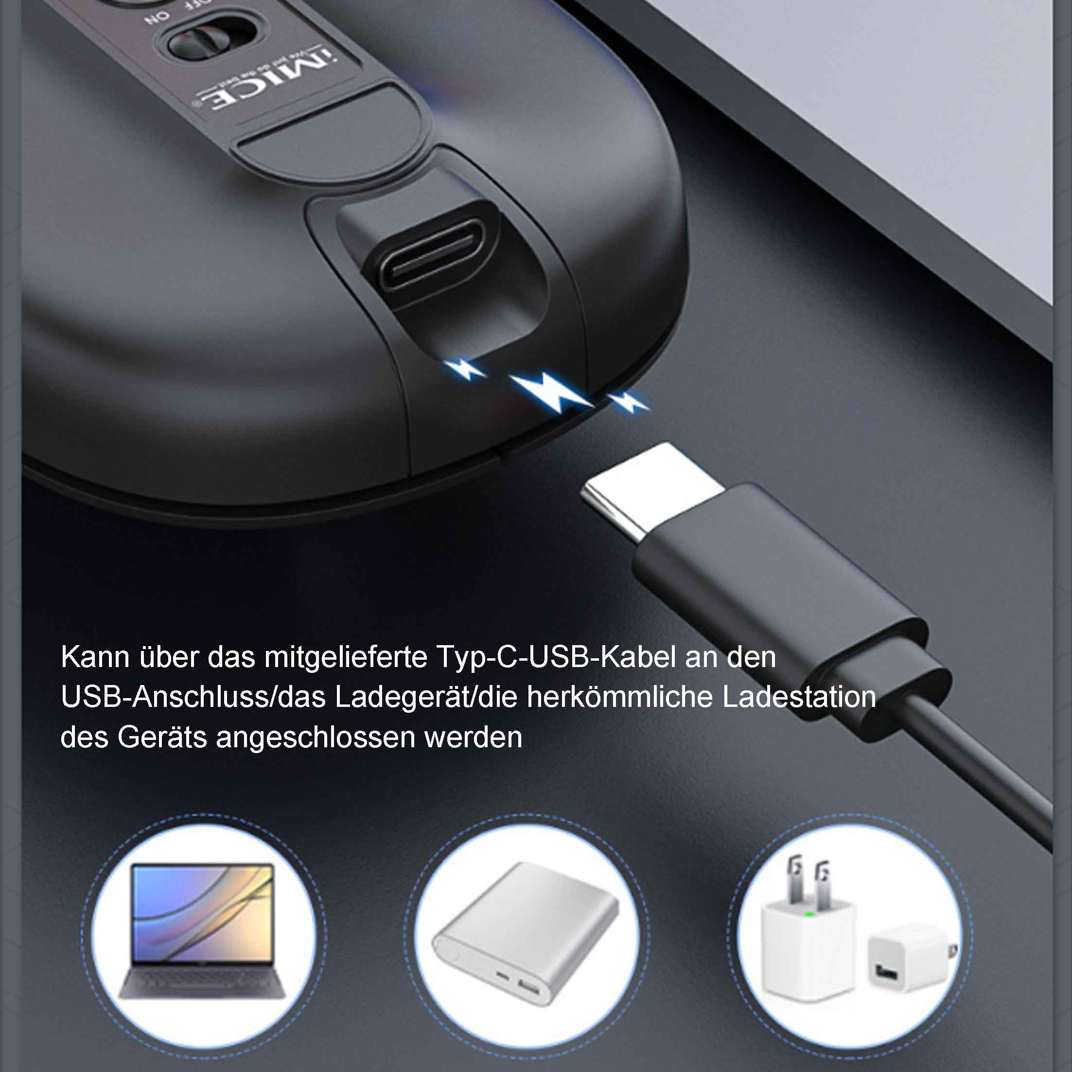 Schwarze kabellose Maus mit Ladeanschluss und Blitzen, mit einem Ladekabel.