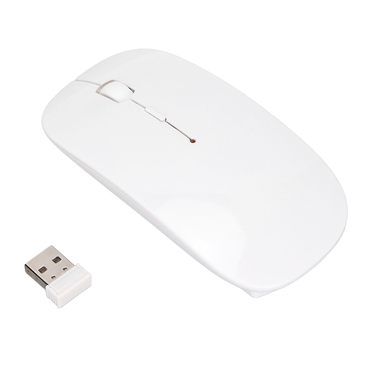 Weiße kabellose Maus und ein USB-Empfänger.