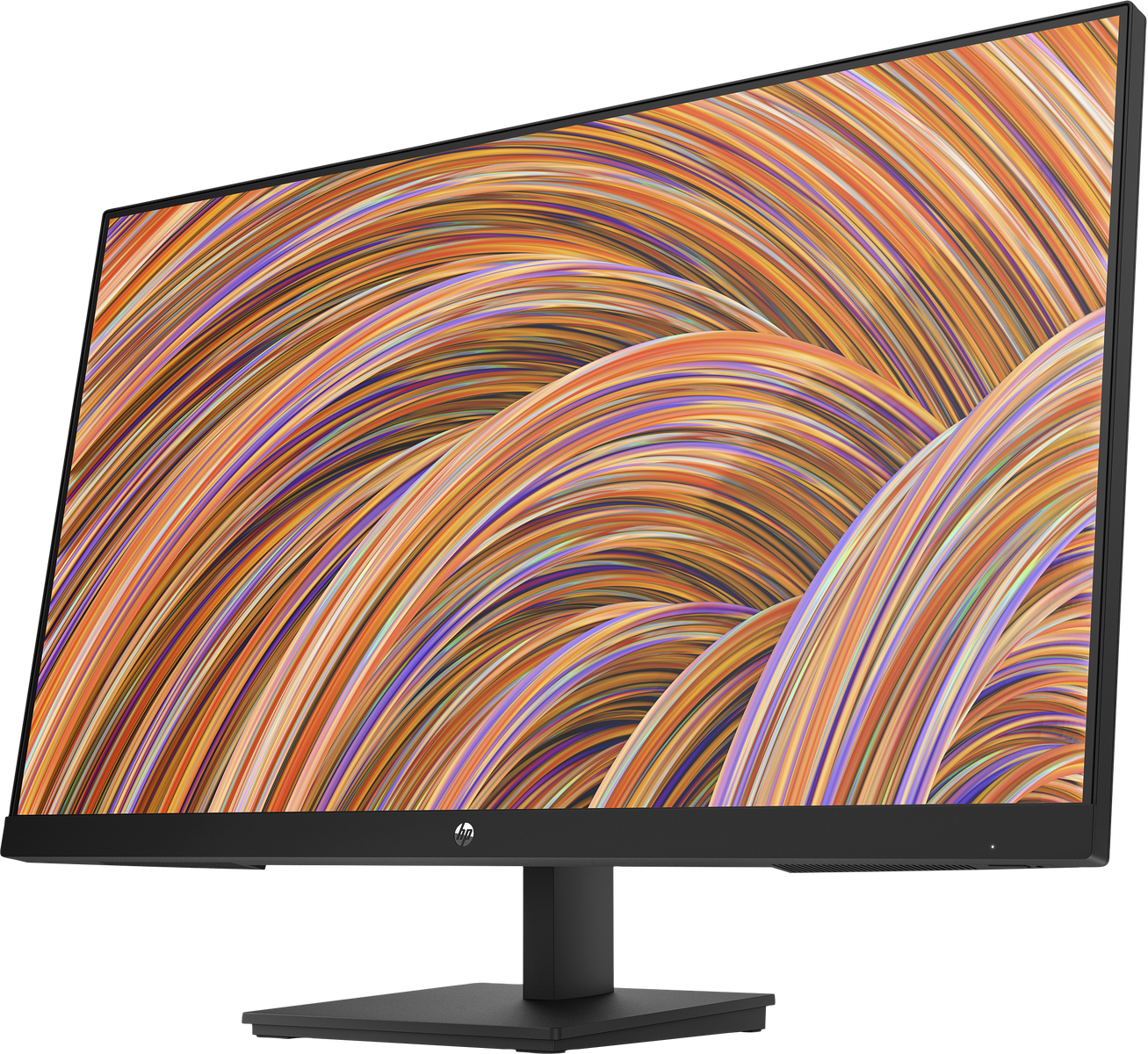Monitor HP negro que muestra un patrón abstracto y colorido de ondas naranjas, amarillas y moradas.