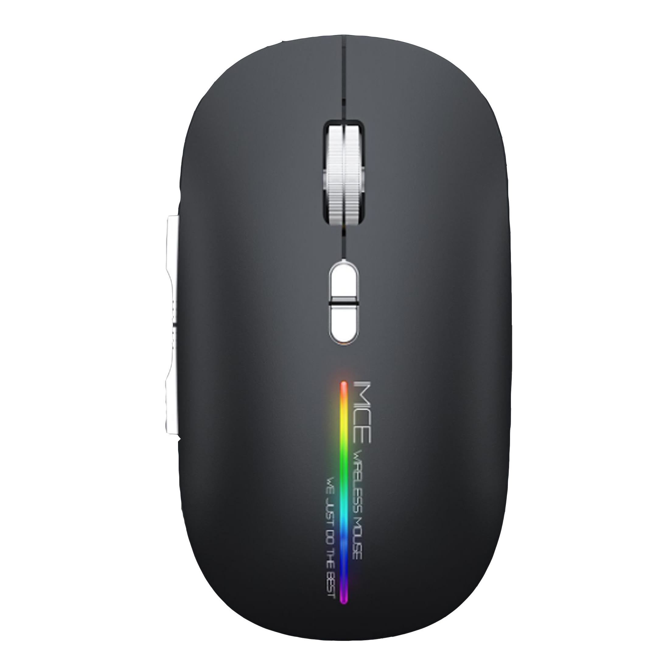 Schwarze kabellose Maus mit Regenbogen-LED. Hat ein Scrollrad und eine Taste. Auf der Maus steht 'WE JUST DO THE BEST'.