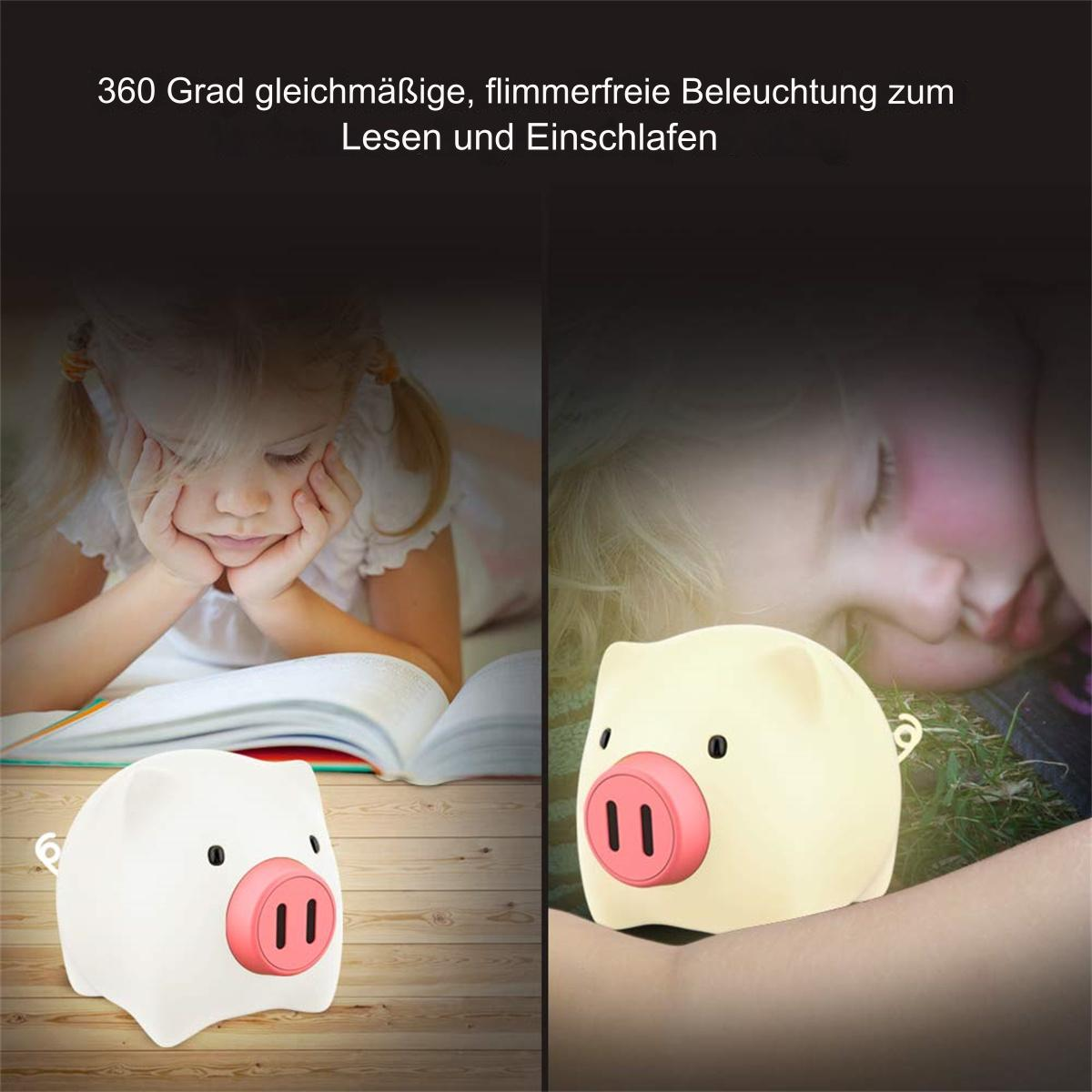 Zwei Bilder. Ein Mädchen liest, eine rosa Schweinlampe leuchtet. Kind schläft.
