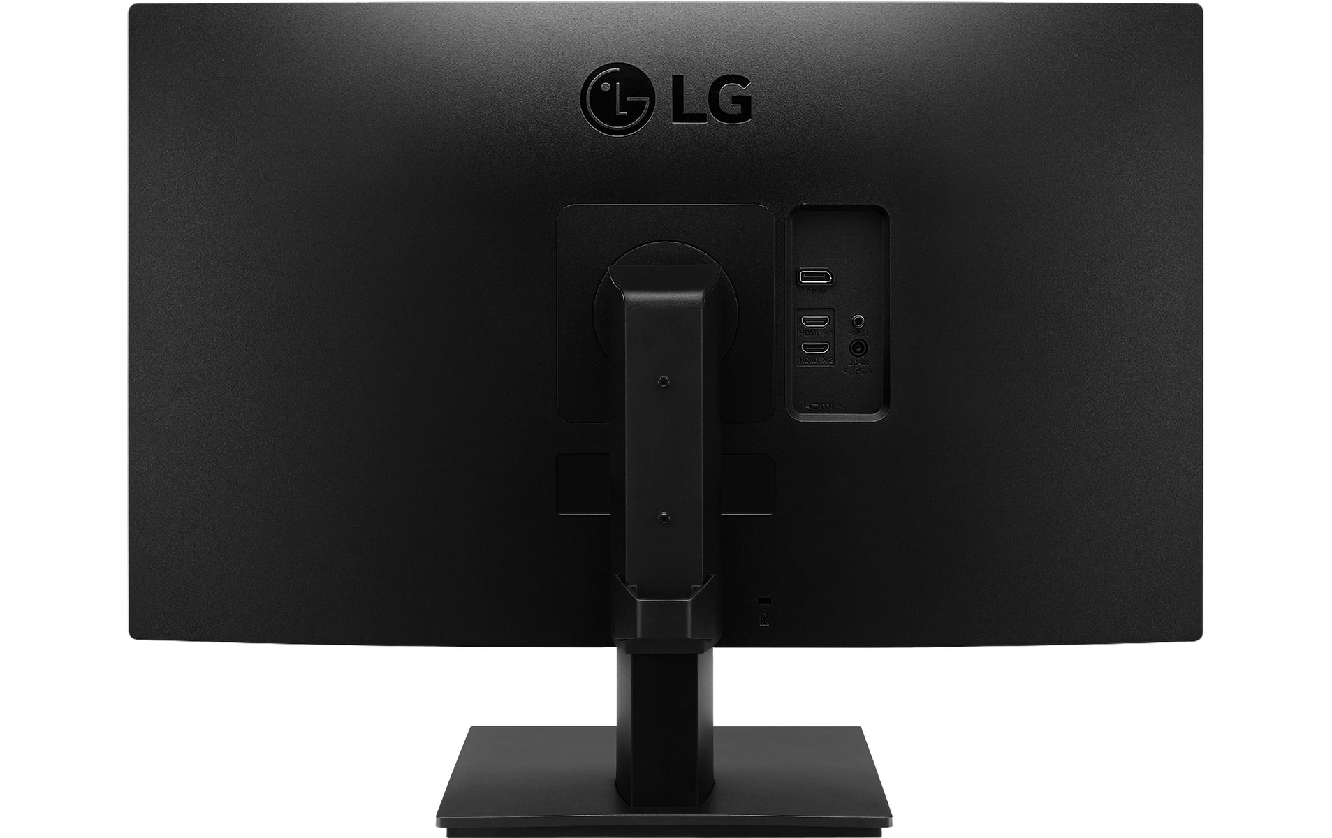 Retro di un monitor LG nero con porte. Il supporto è nero e quadrato.