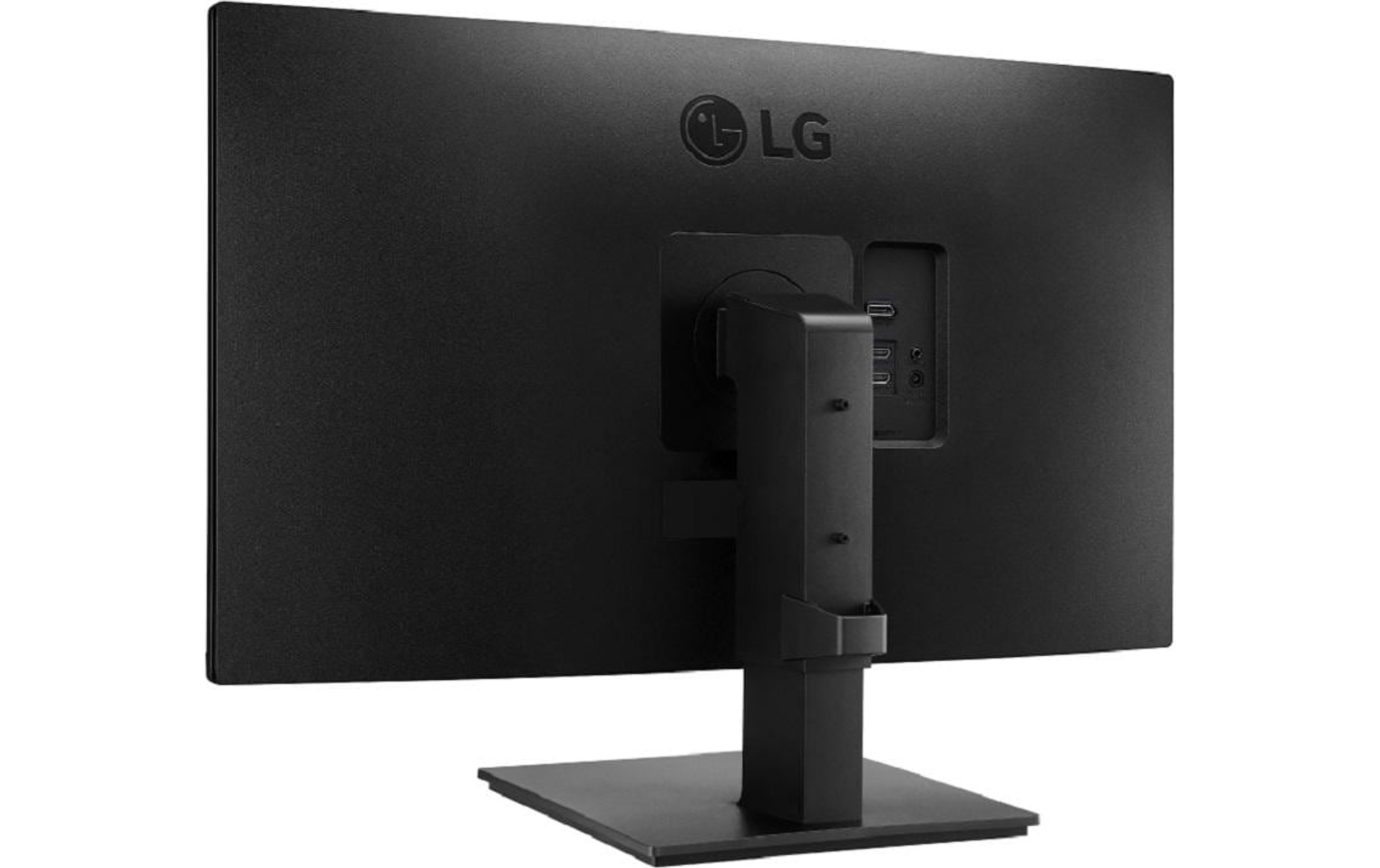 Il retro di un monitor LG nero con porte e supporto attaccati, su sfondo bianco.
