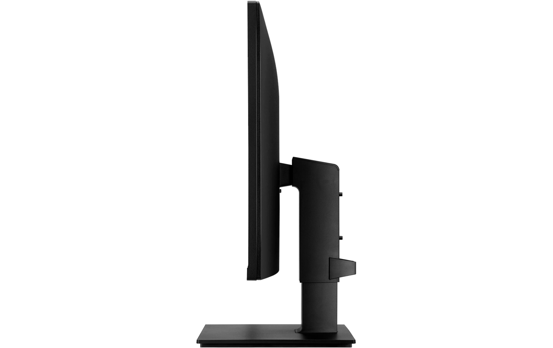 Monitor per computer nero di lato, con supporto e base, sfondo bianco.