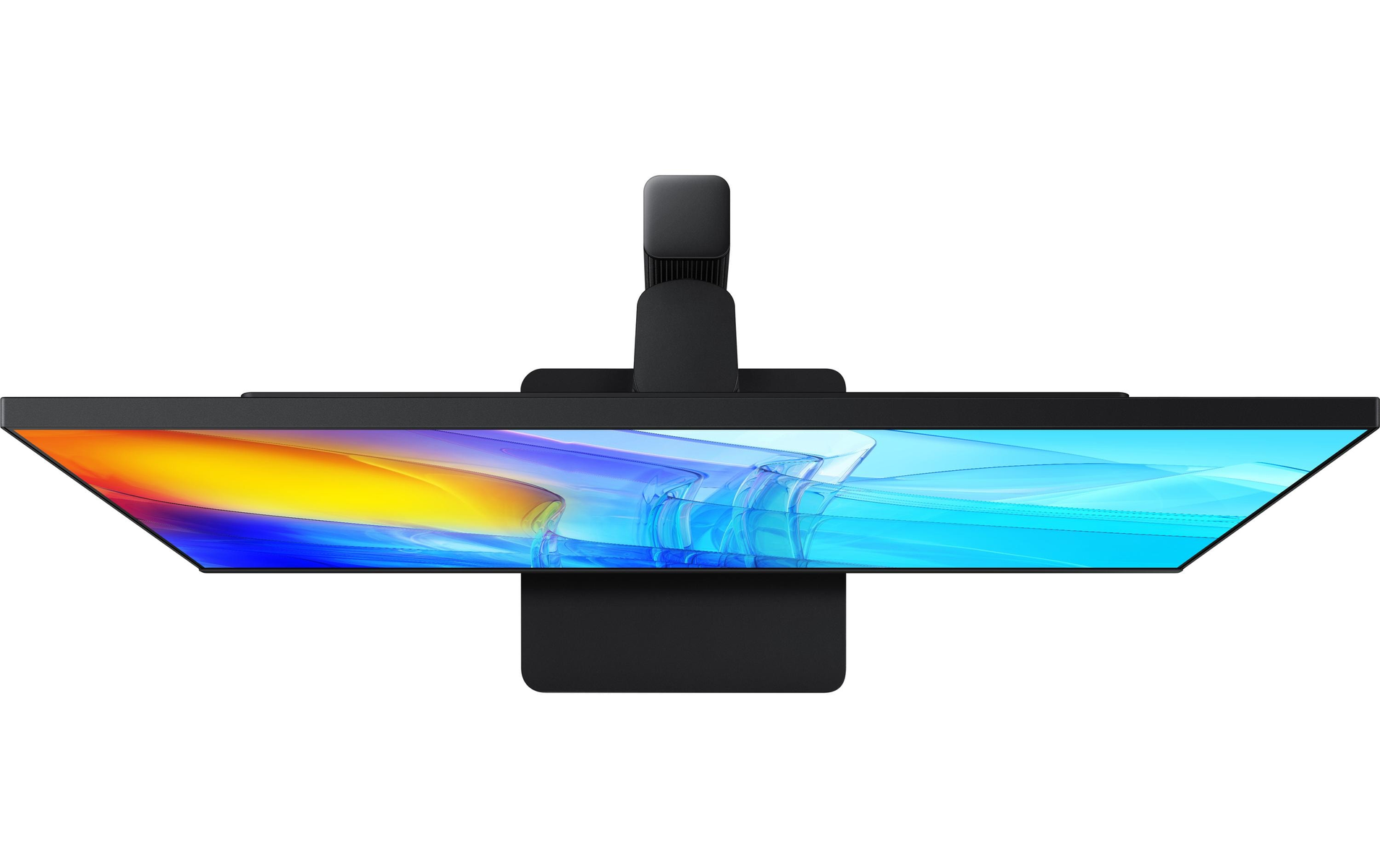 Widok z góry na monitor z unikalnym designem podstawy i kolorowym wyświetlaczem.