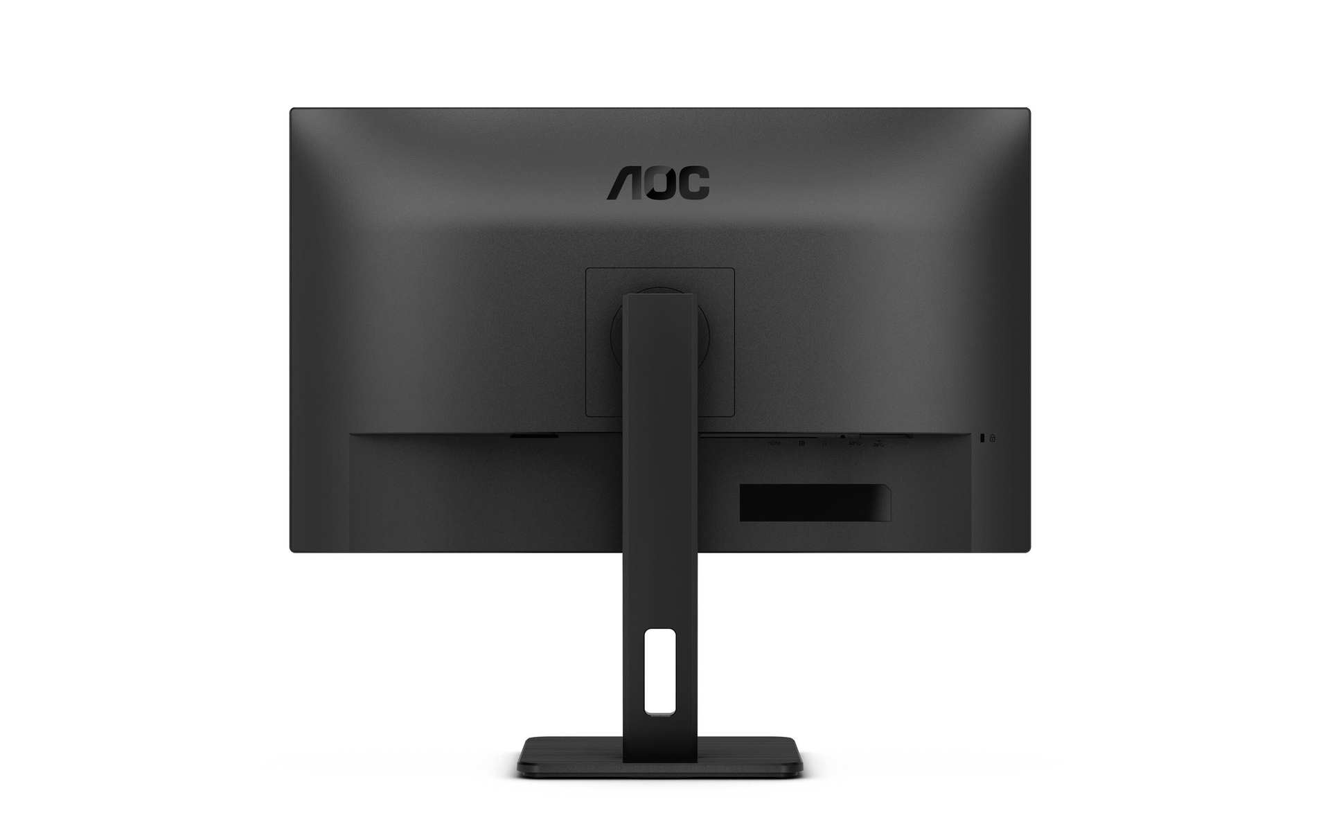 Achteraanzicht van een zwarte computermonitor op een witte achtergrond.