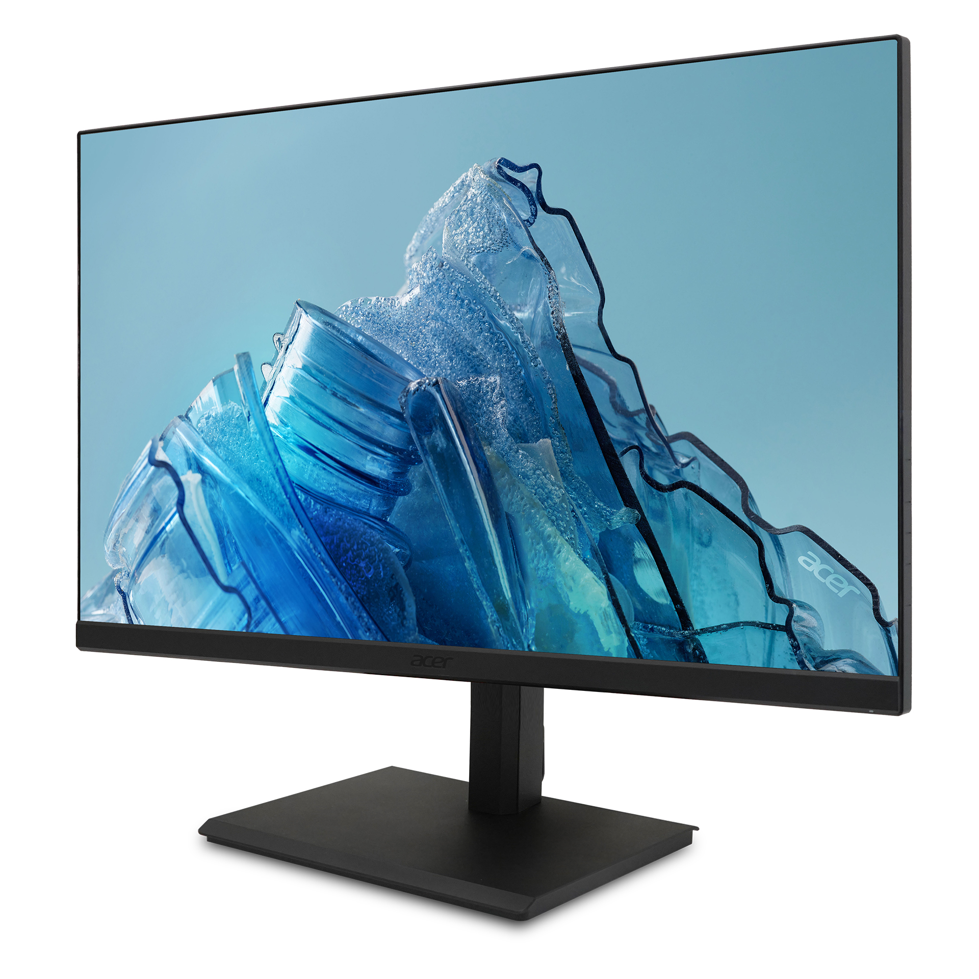 Monitor Acer che mostra un'immagine astratta blu e bianca.