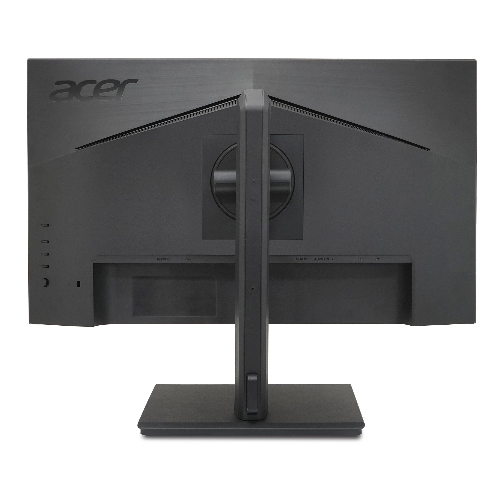 Vista posteriore del monitor Acer nero, con supporto. Porte visibili.