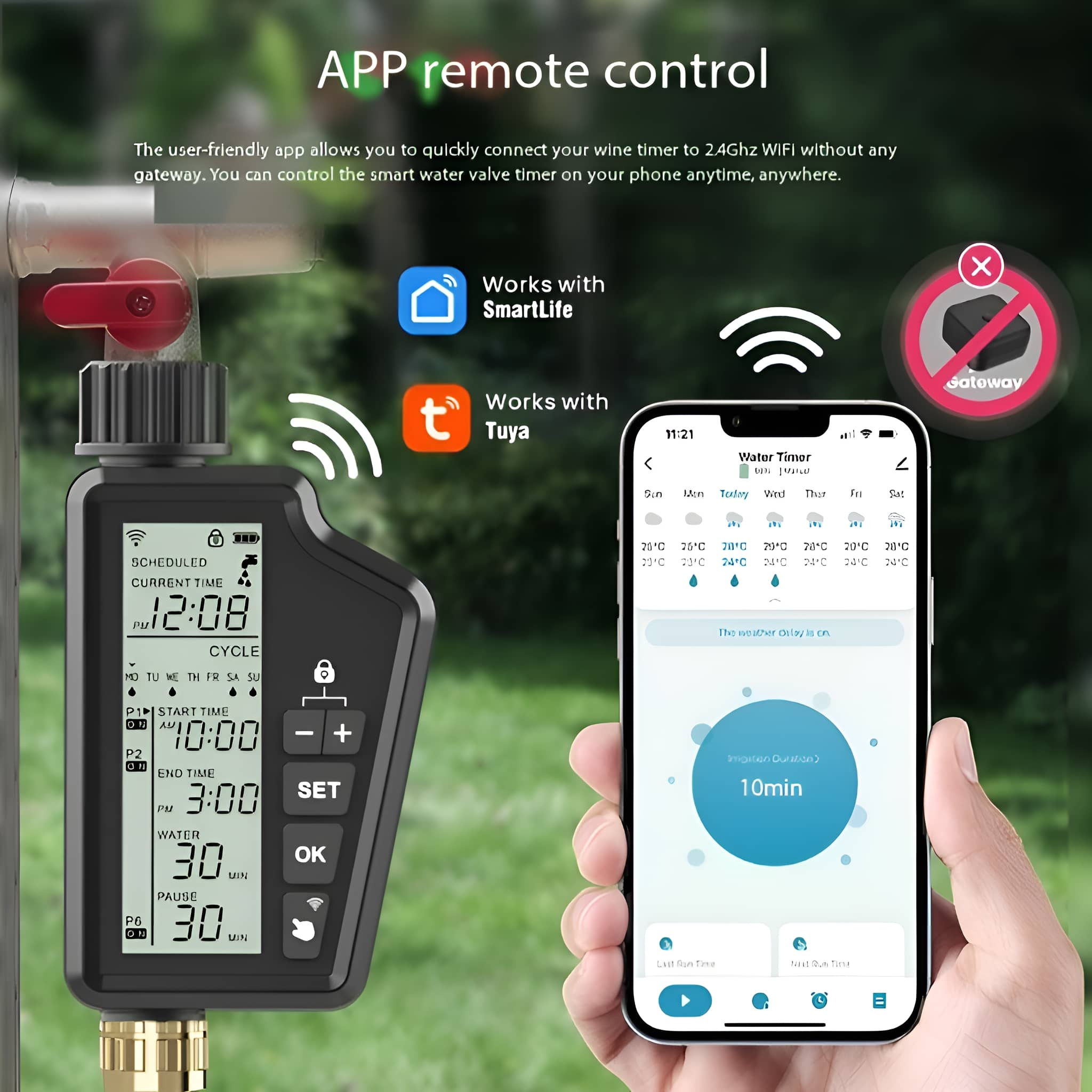 Smarter Wasserzeitschalter mit Telefon, das App-Oberfläche zeigt. Text und Symbole auf Geräten sichtbar.