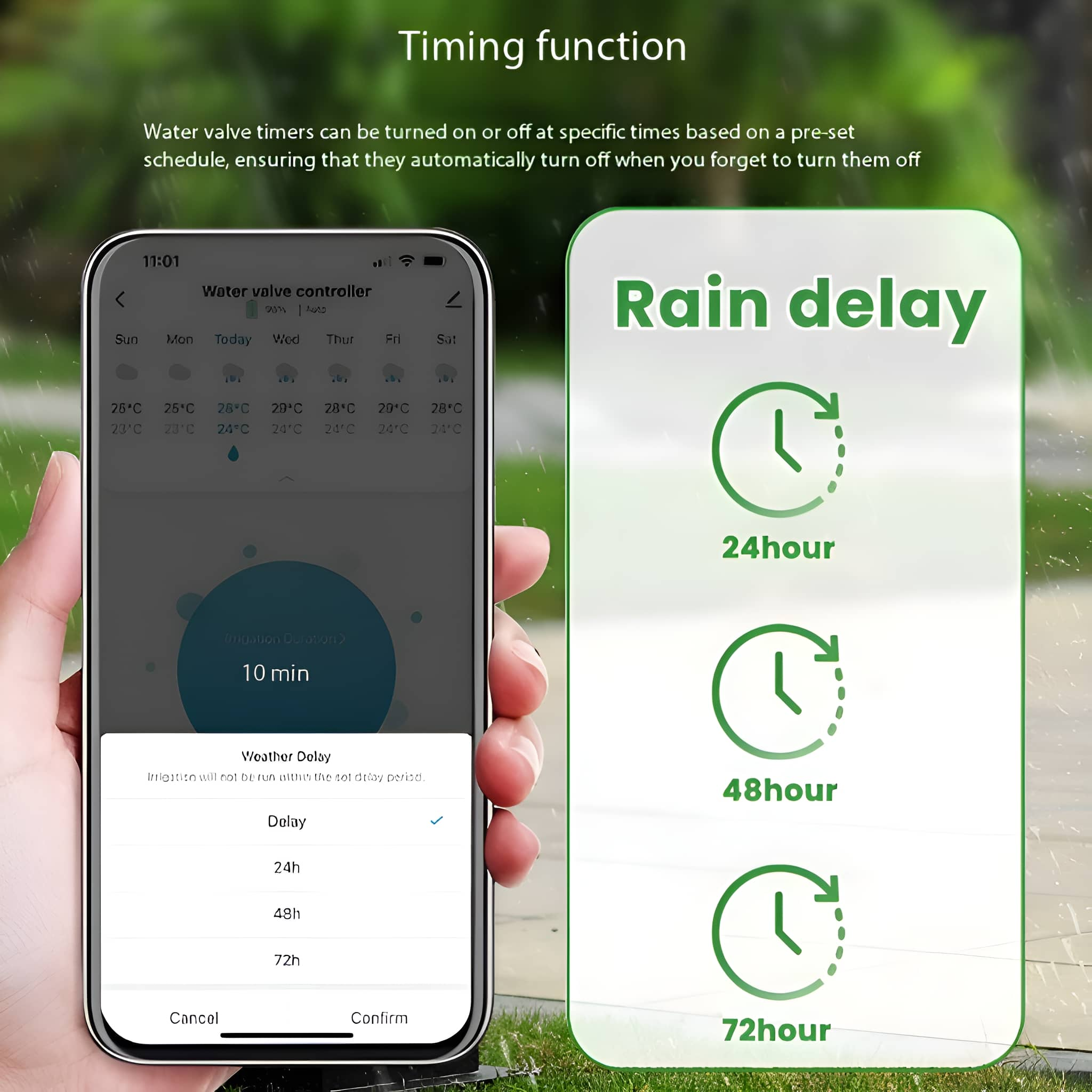 Ein Telefon mit einer App-Oberfläche, die Regenverzögerungsoptionen für einen Wasserventil-Timer zeigt.
