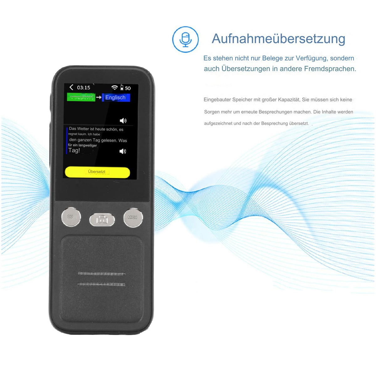 Ein schwarzes und graues Übersetzungsgerät mit Bildschirm und Knöpfen.