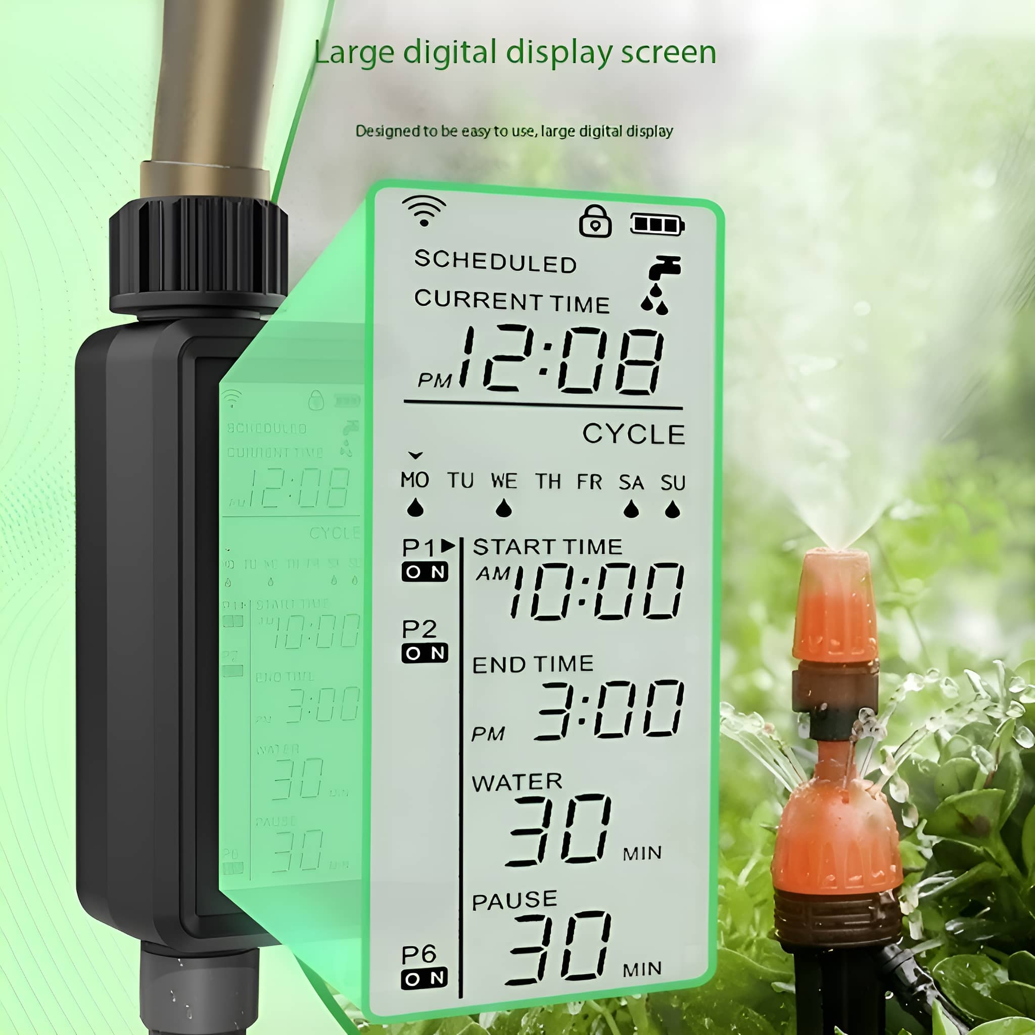 Digitaler Timer mit grünem Display, Wasserschlauch und Gartenhintergrund.