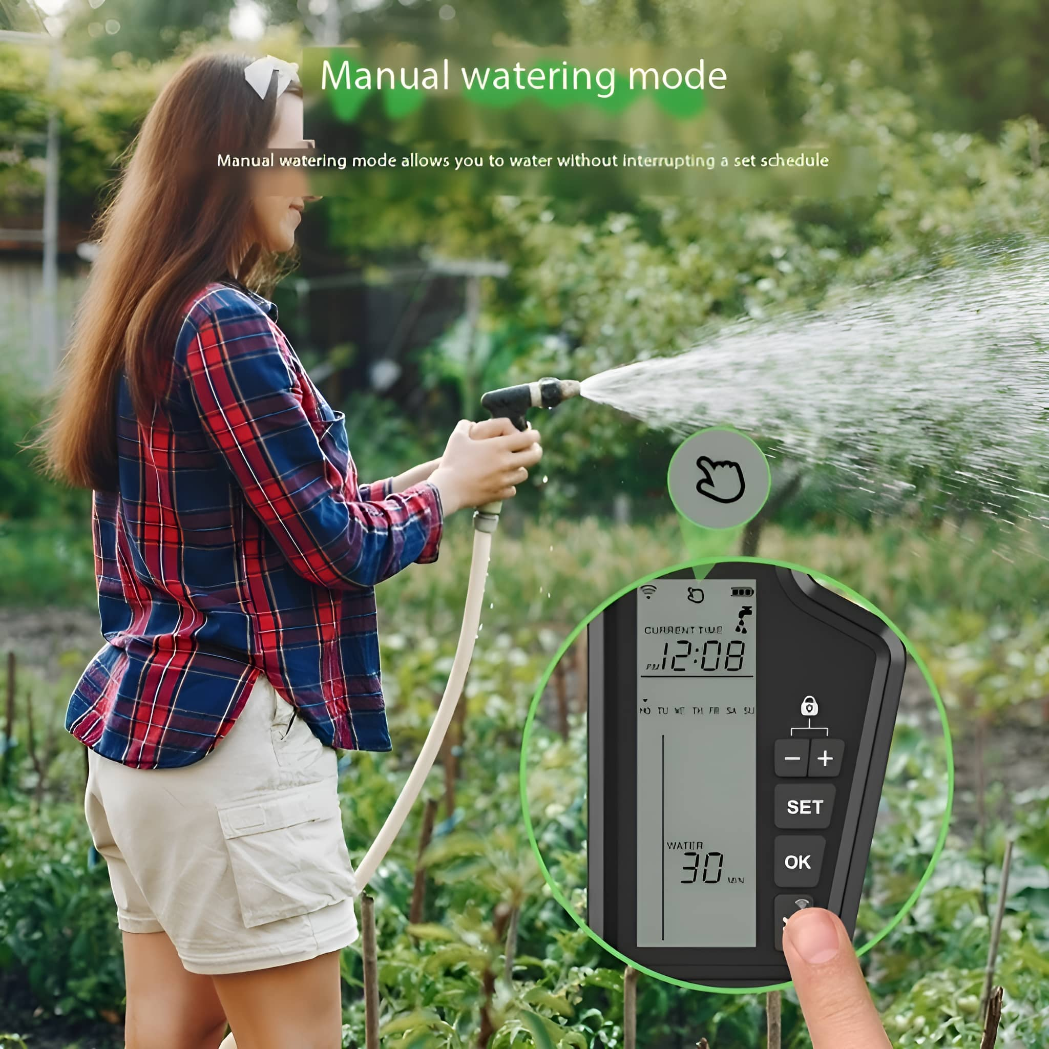 Frau, die einen Schlauch benutzt, um Pflanzen in einem Garten zu bewässern. Ein digitaler Wasser-Timer ist sichtbar.