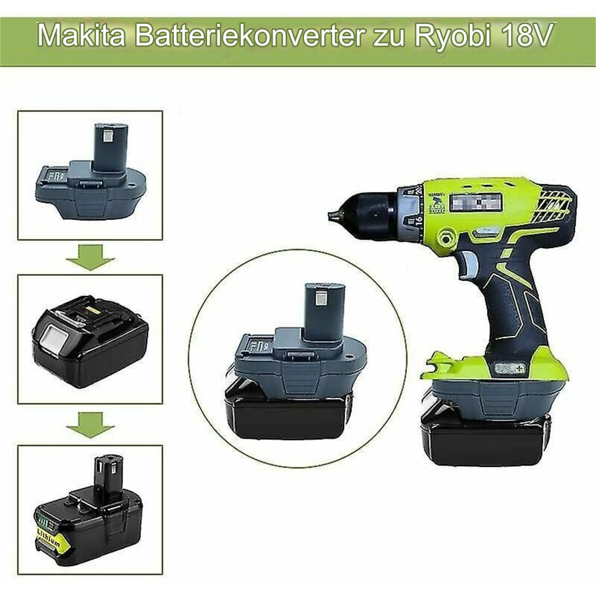 Bohrmaschine und Batteriekonverter. Schwarzes und grünes Werkzeug mit anderen Teilen.