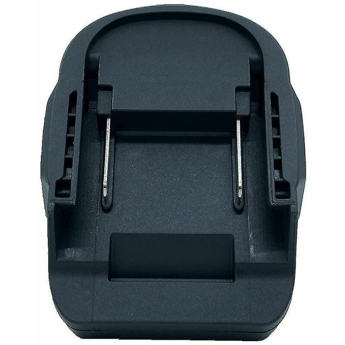 Ein schwarzer Batterieadapter mit zwei Metallstiften.
