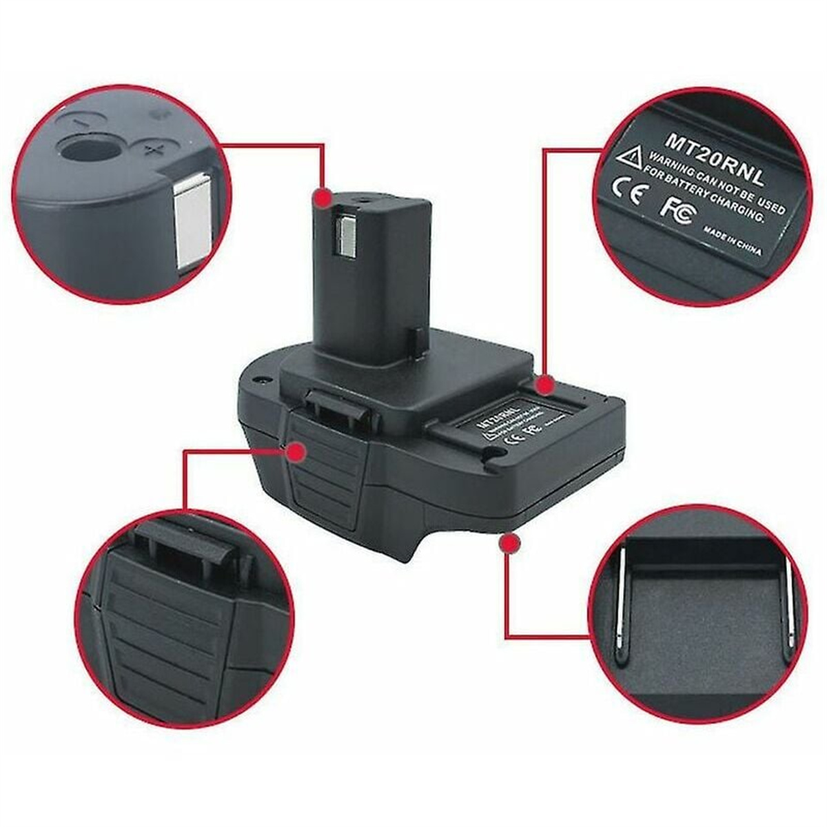 Schwarzer Batterieadapter mit detaillierten Nahaufnahmen.