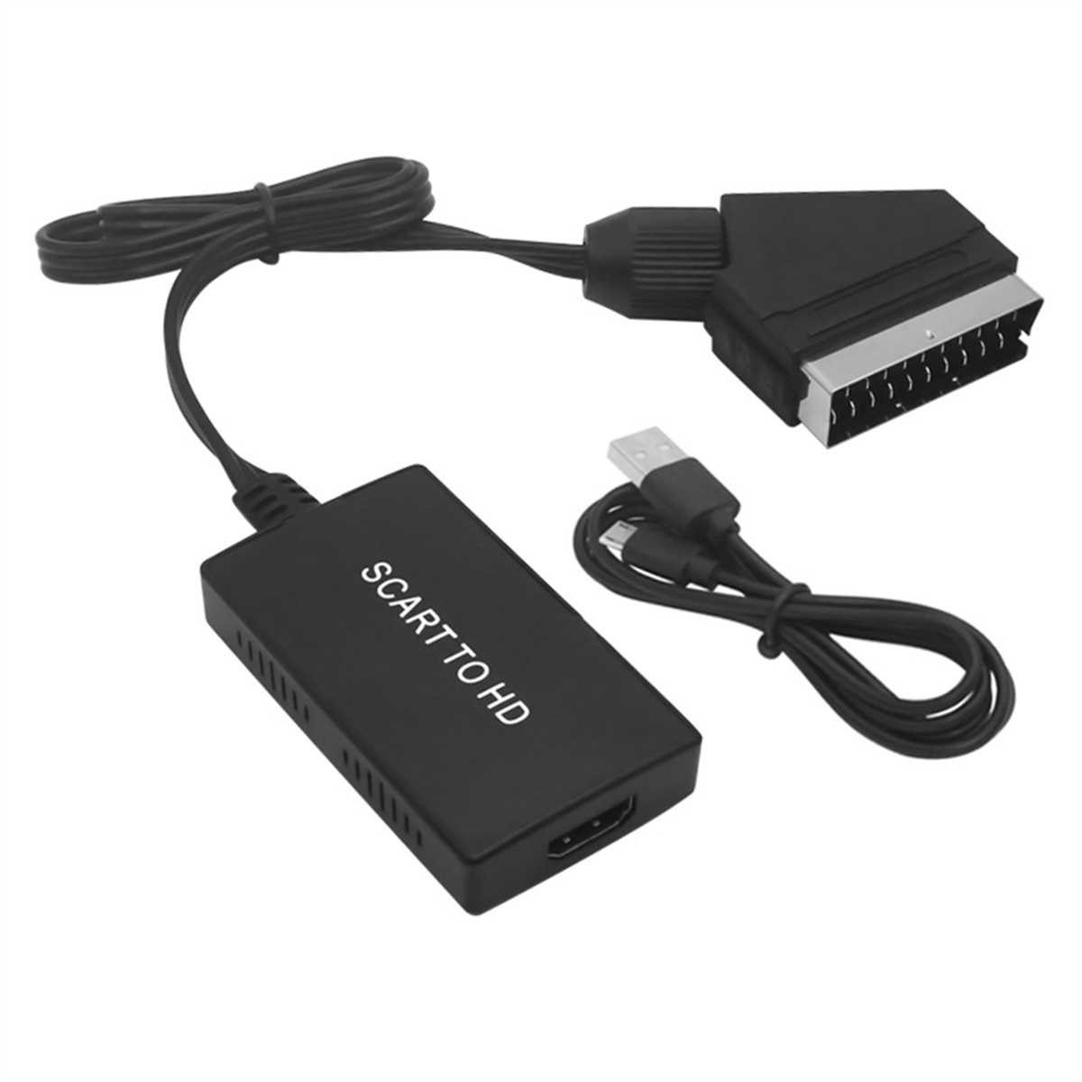 Schwarzer SCART-zu-HD-Adapter mit USB-Kabel und SCART-Anschluss. Auf weißem Hintergrund.