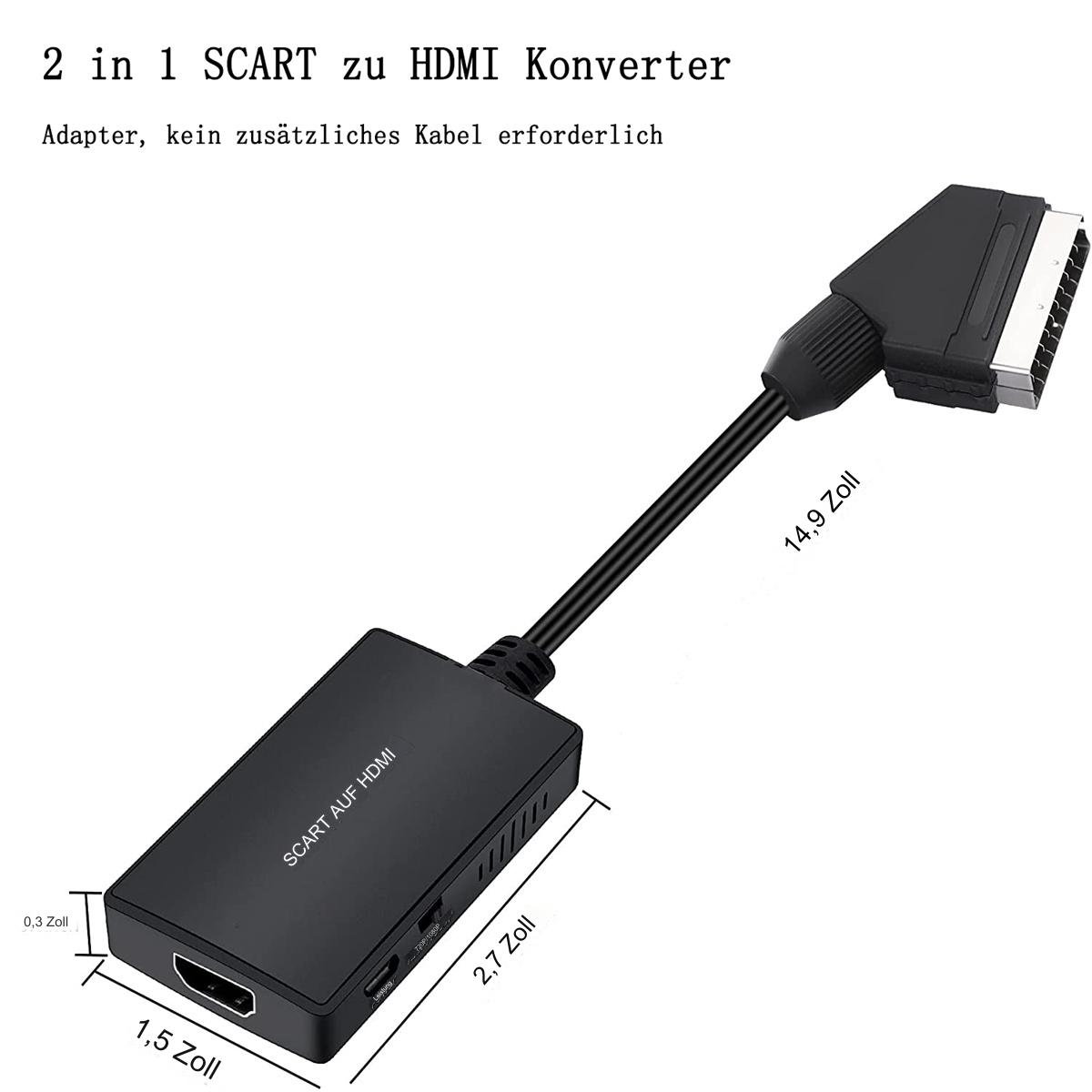 Ein schwarzer SCART-zu-HDMI-Adapter. Er hat einen SCART-Anschluss und einen HDMI-Anschluss.