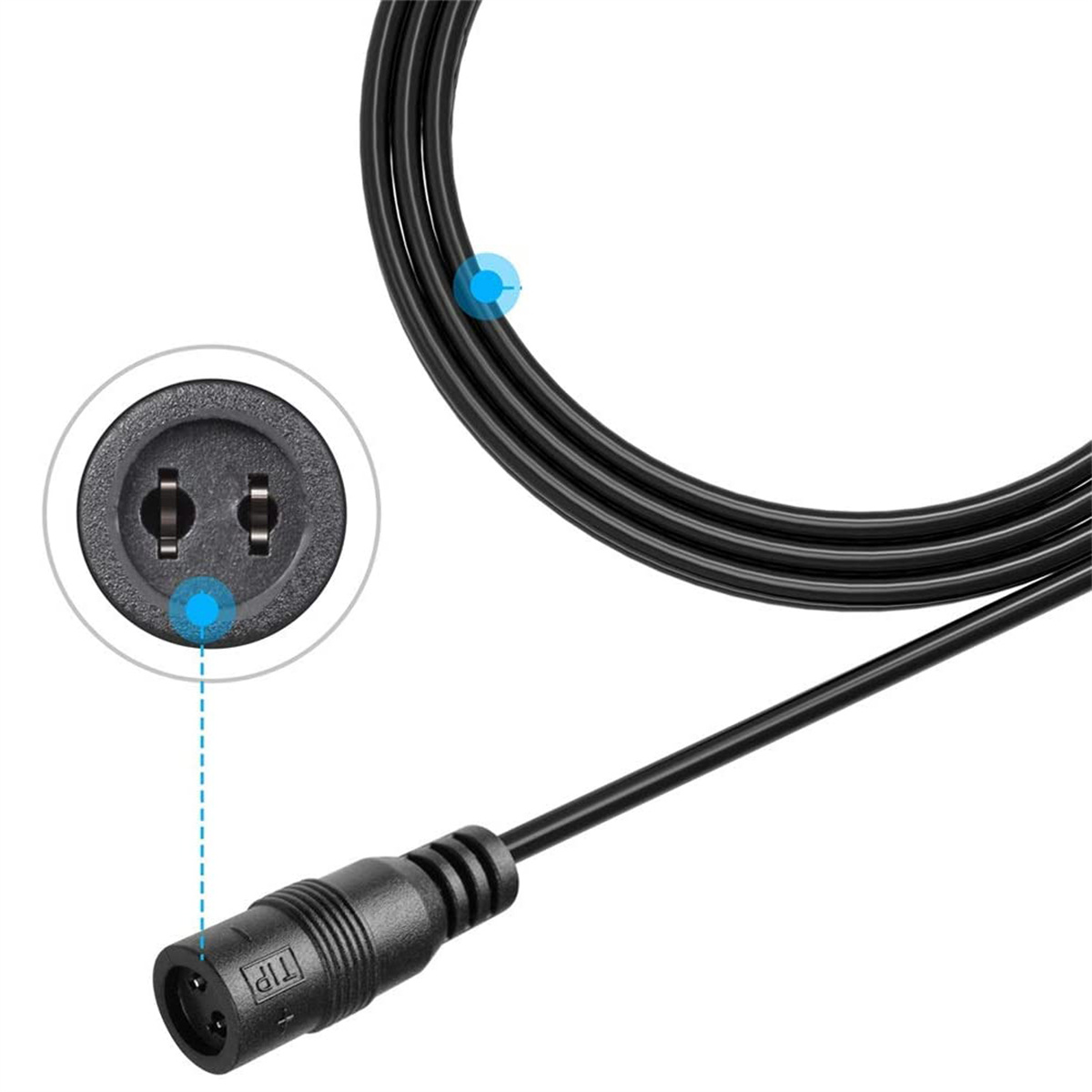 Ein schwarzes Kabel mit einem zweipoligen Stecker. Der Stecker hat einen blauen Punkt.
