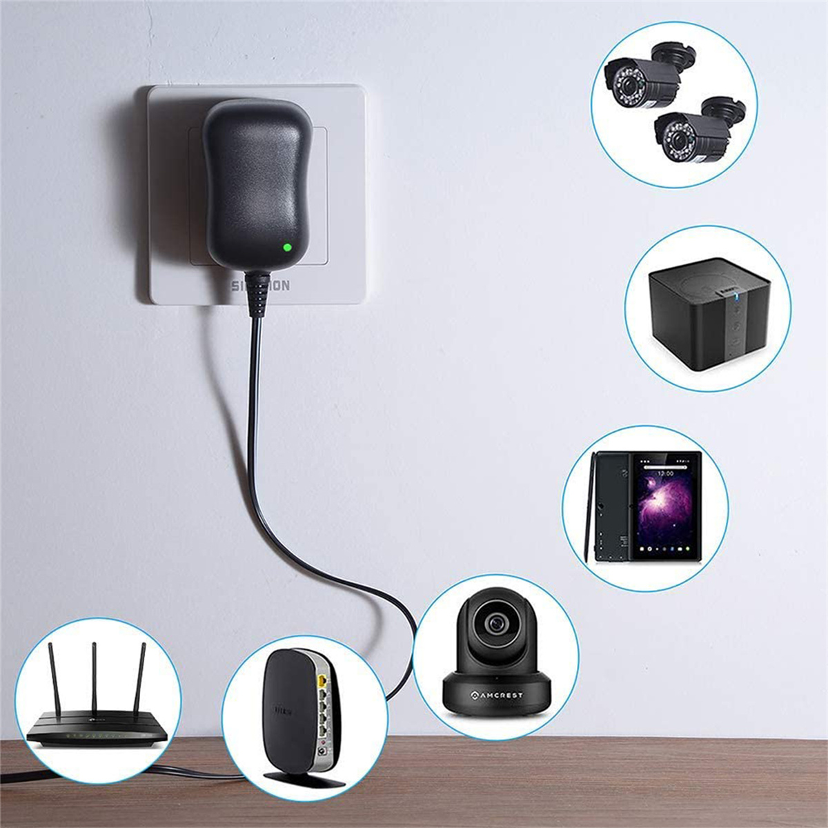 Ein Steckdosenadapter mit Überwachungskameras und Geräten.