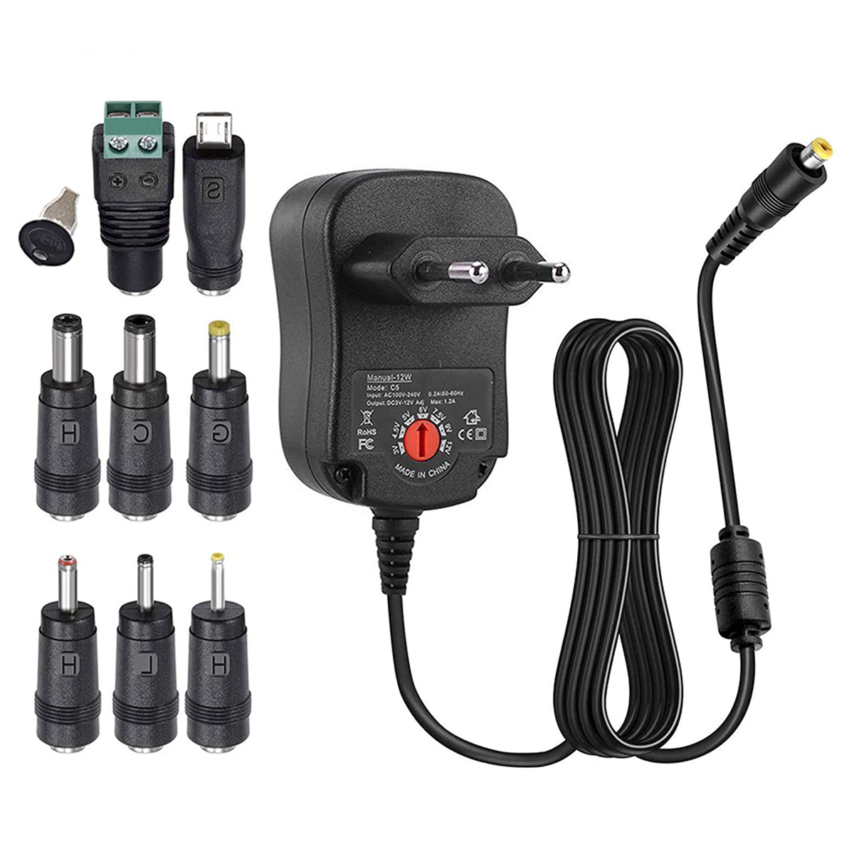 Schwarzes Netzteil mit mehreren Anschlüssen. Enthält Netzkabel und verschiedene Adapterstecker.