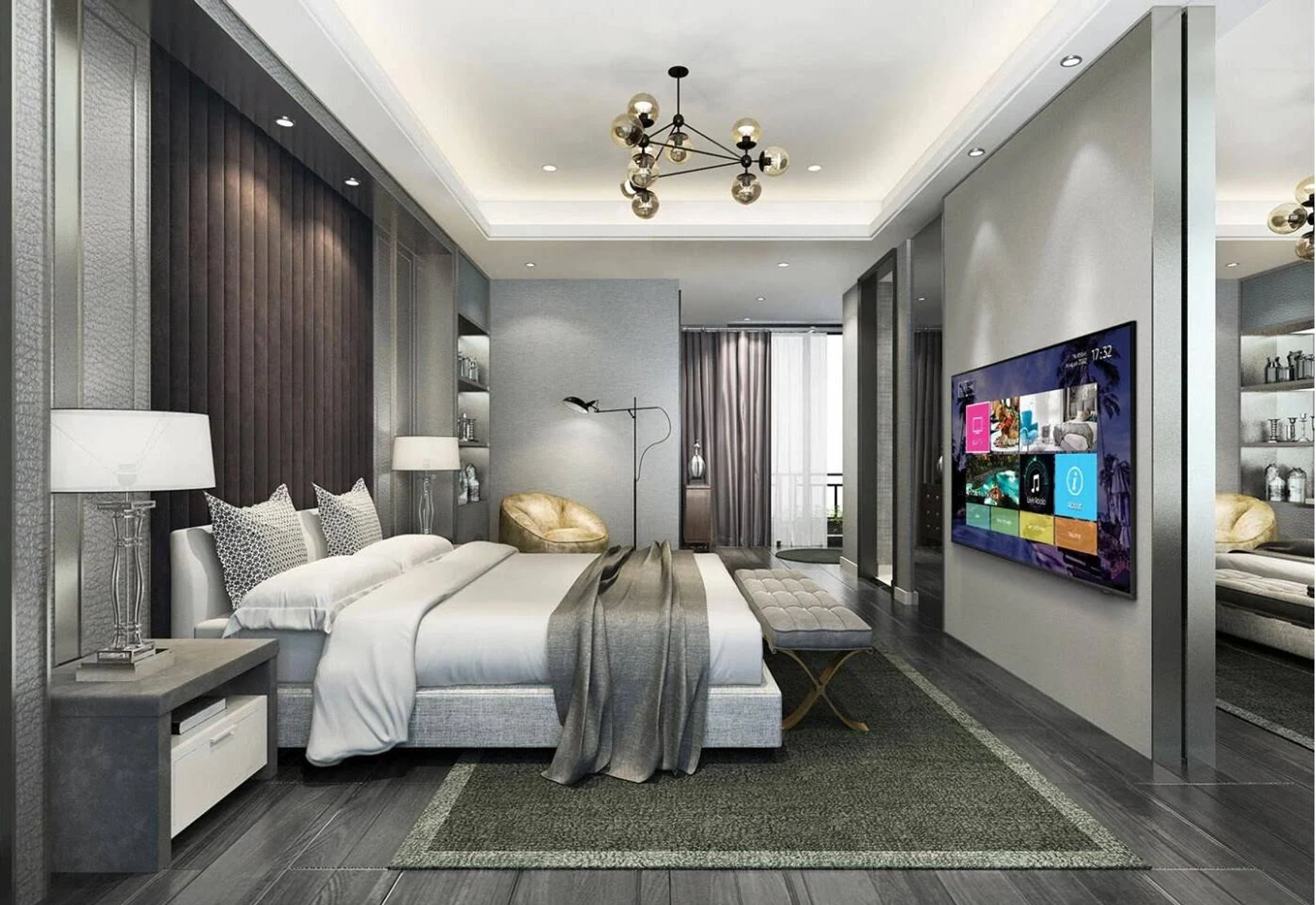 Camera da letto lussuosa con letto, TV e zona salotto; design moderno.