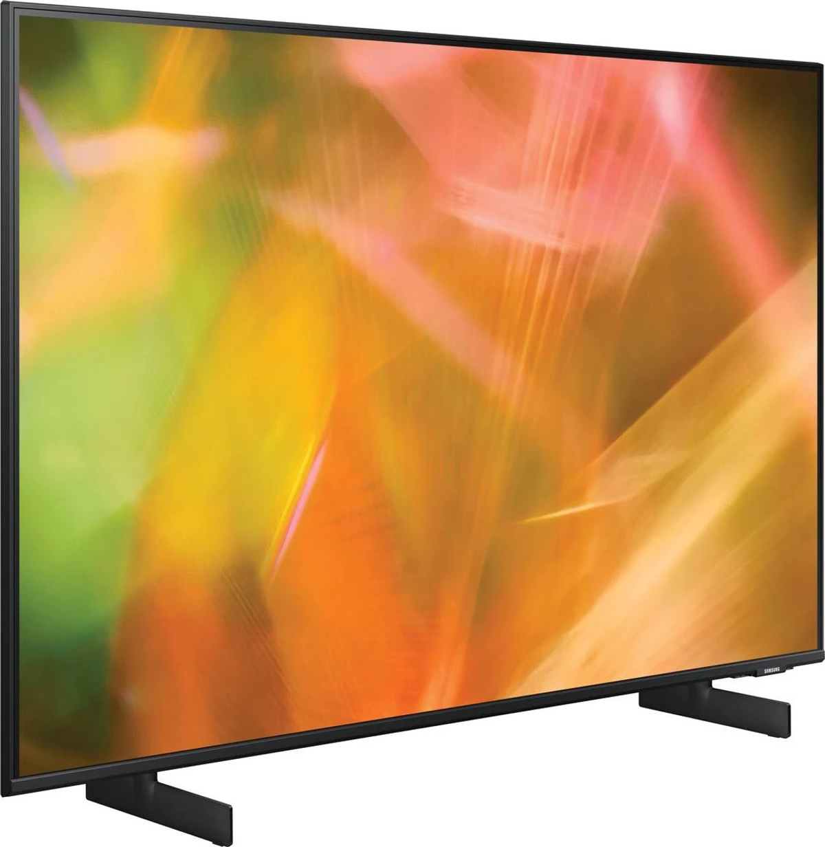 Schermo TV grande che mostra uno sfondo astratto e colorato con forme sfocate.
