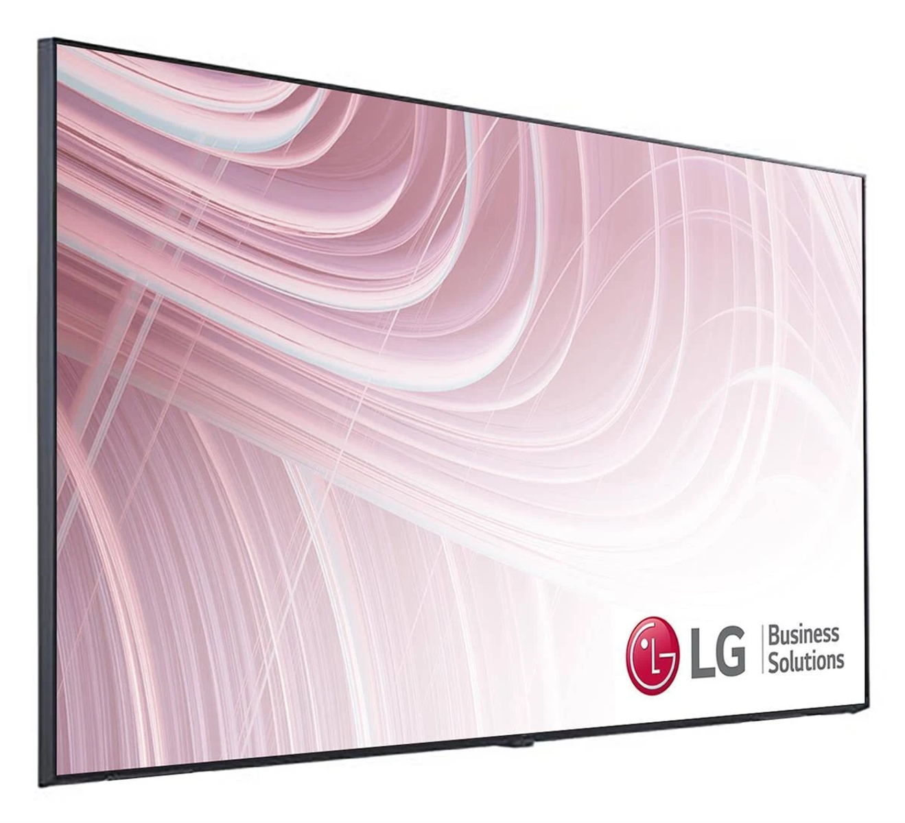 Display LG Business Solutions, che mostra un design astratto sfocato rosa e bianco.