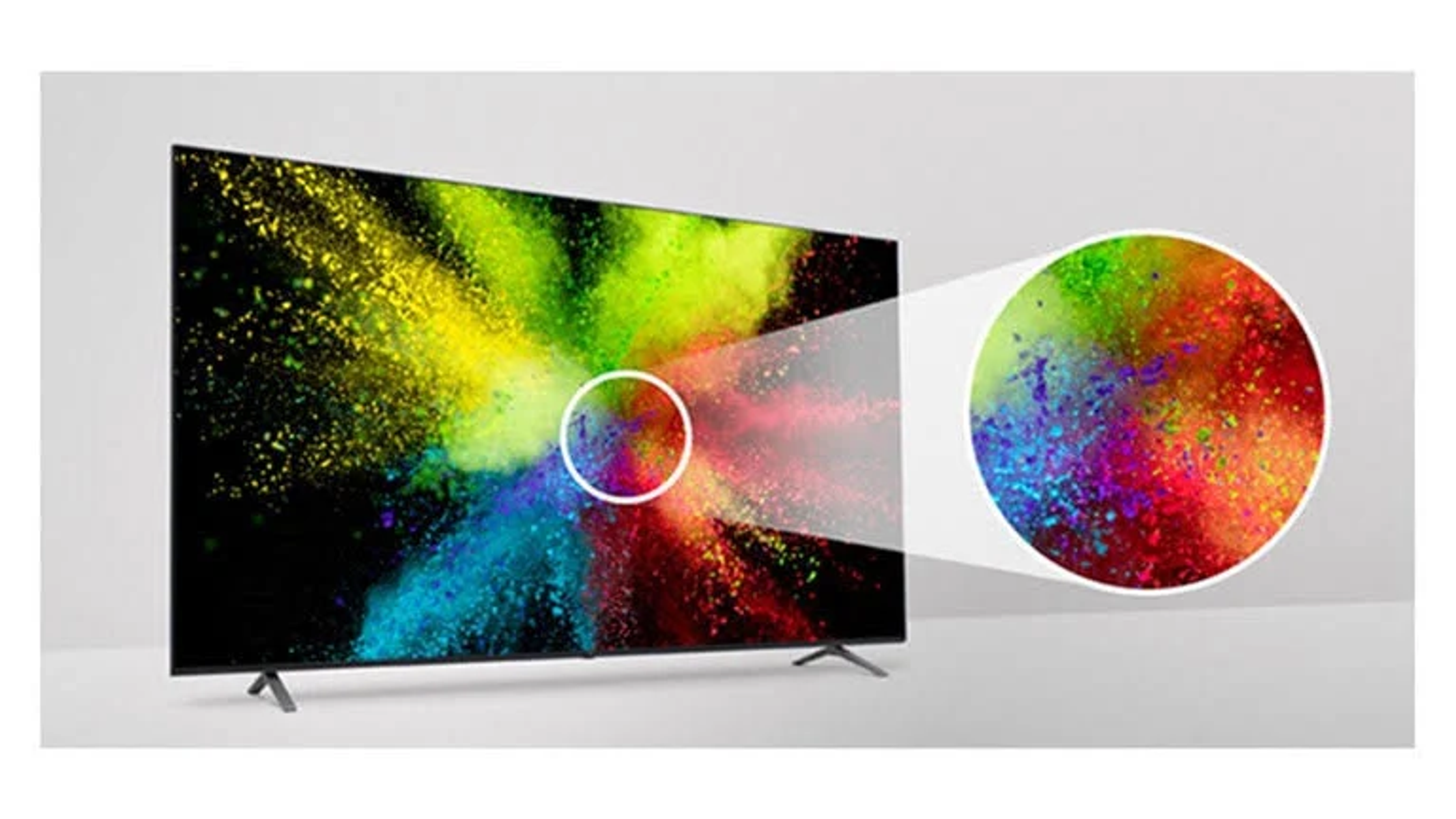 Schermo TV con arte astratta a spruzzi di vernice colorata e primo piano.