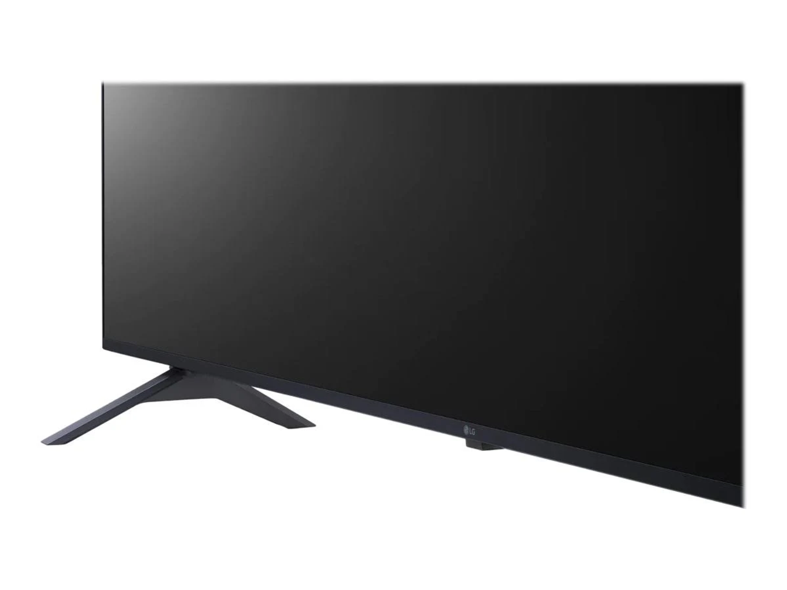 TV LG nero, ripresa dal basso. La TV è su sfondo bianco. Il supporto è nero.